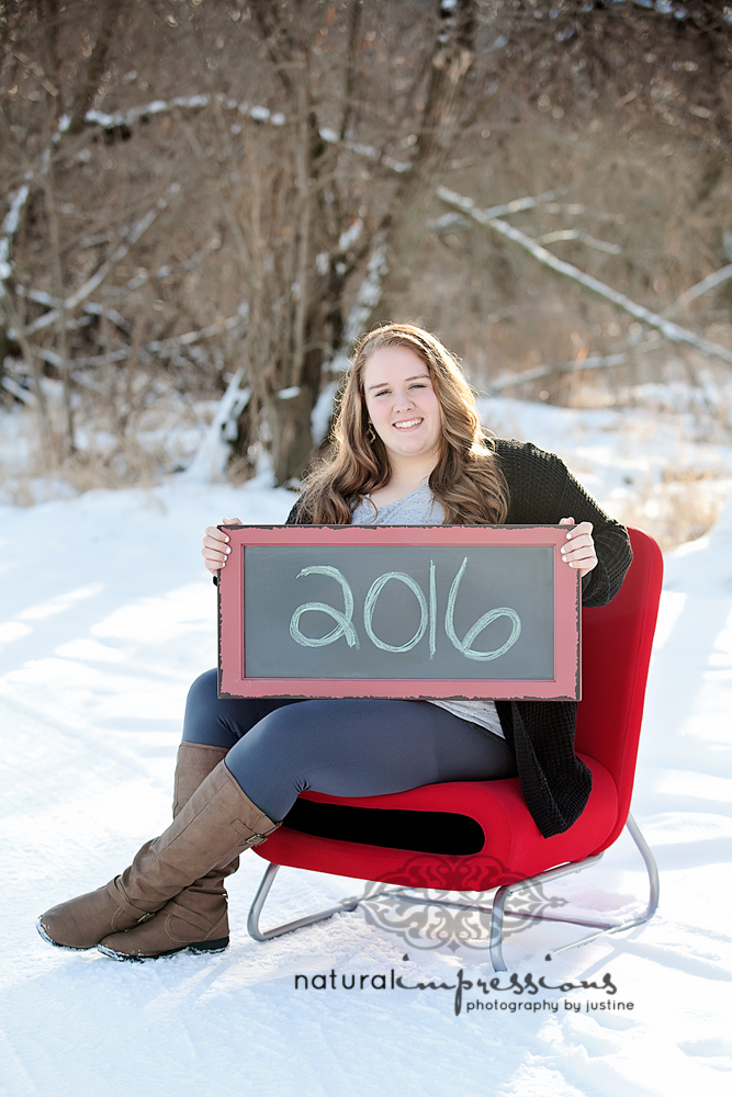 Senior girl on chair in snow