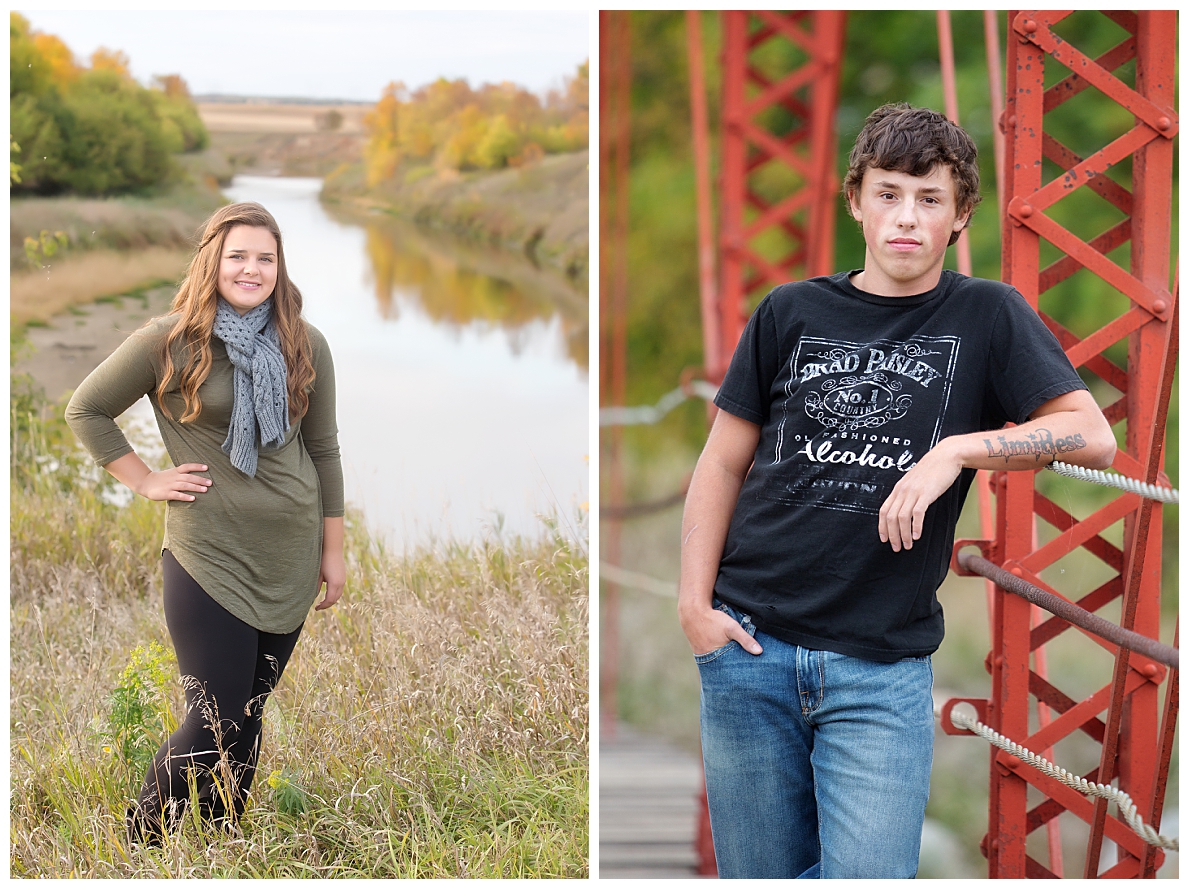 Fall senior picture poseswith bridge and river