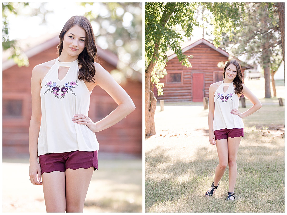 Senior pictures with old log cabin