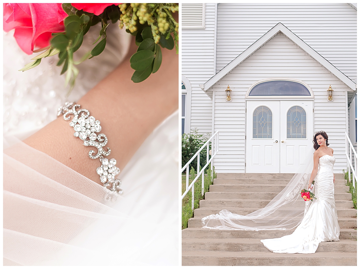 bride wearing Cathedral Bridal Veil  stands in front of white church with veil spread across stairs