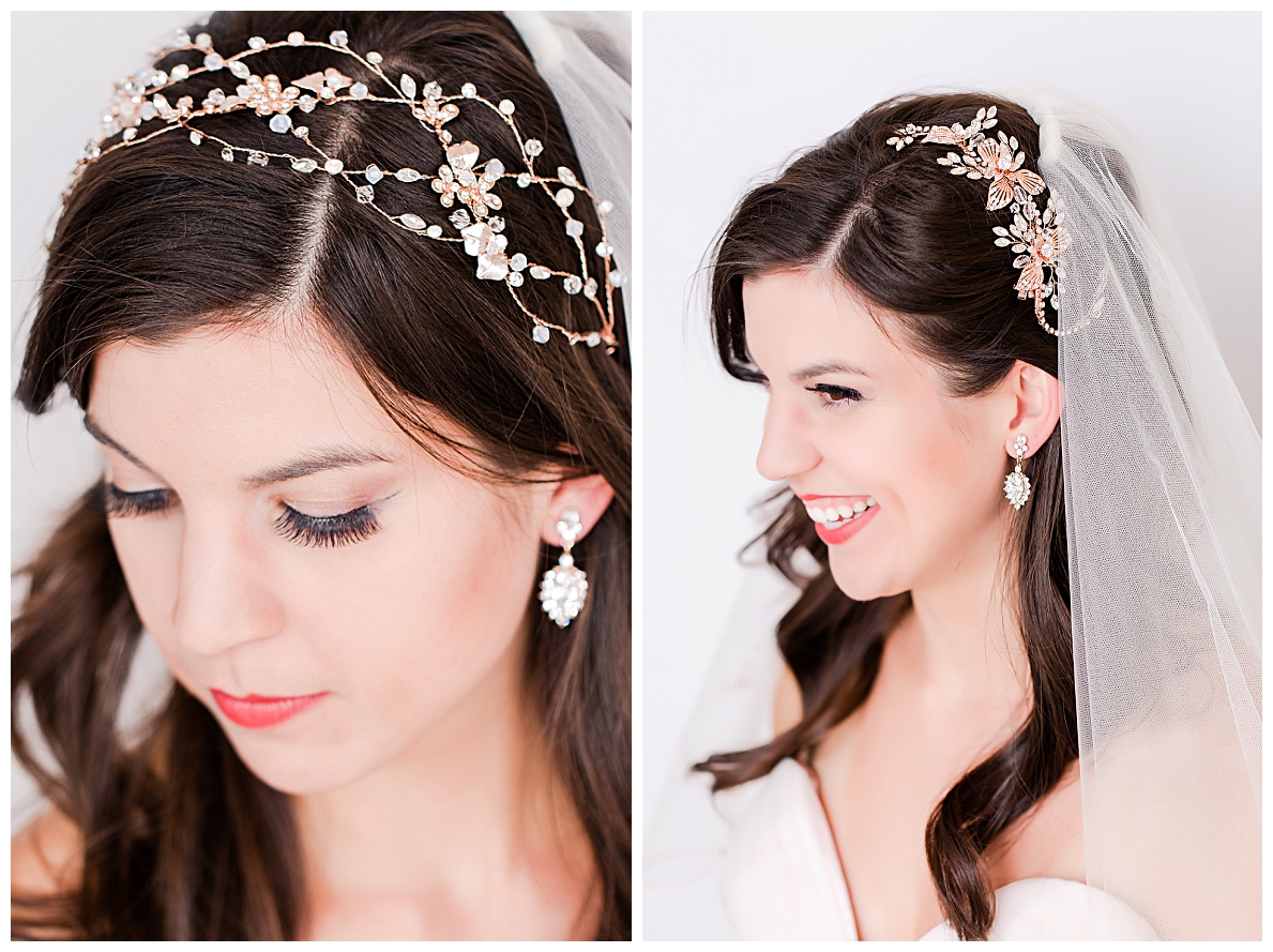 bride shows top of head wearing a woven crystal headband and side hair piece