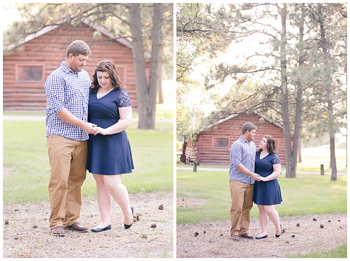 Engagement pictures by old cabin