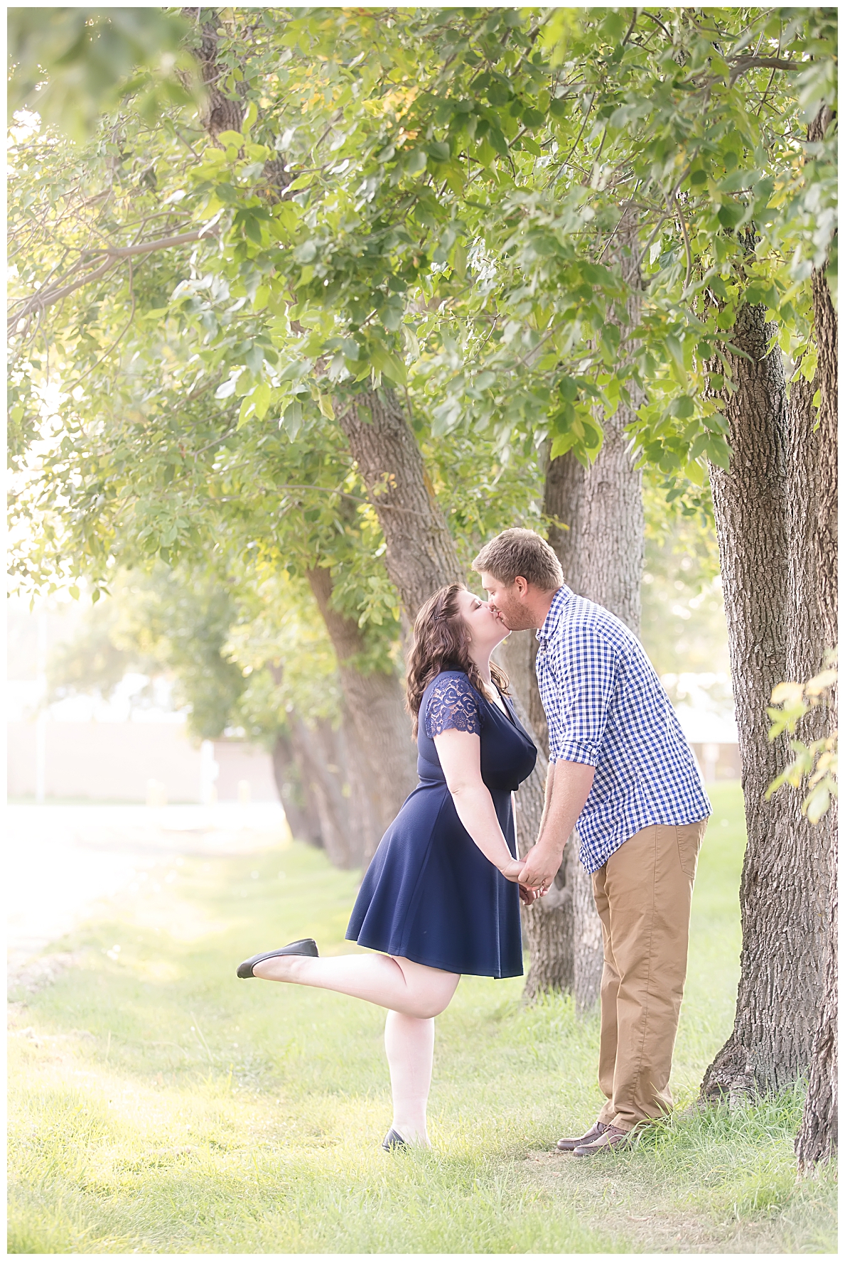 Engagement pictures by a tree row