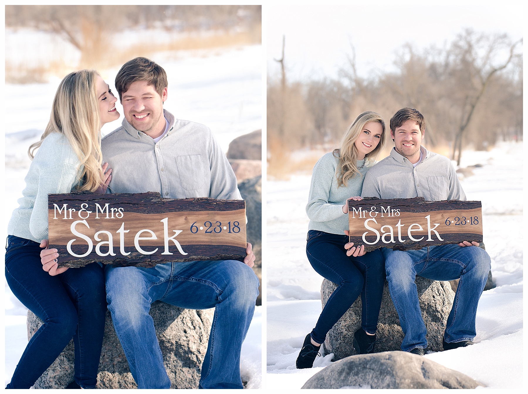 Engagement pictures with a sign