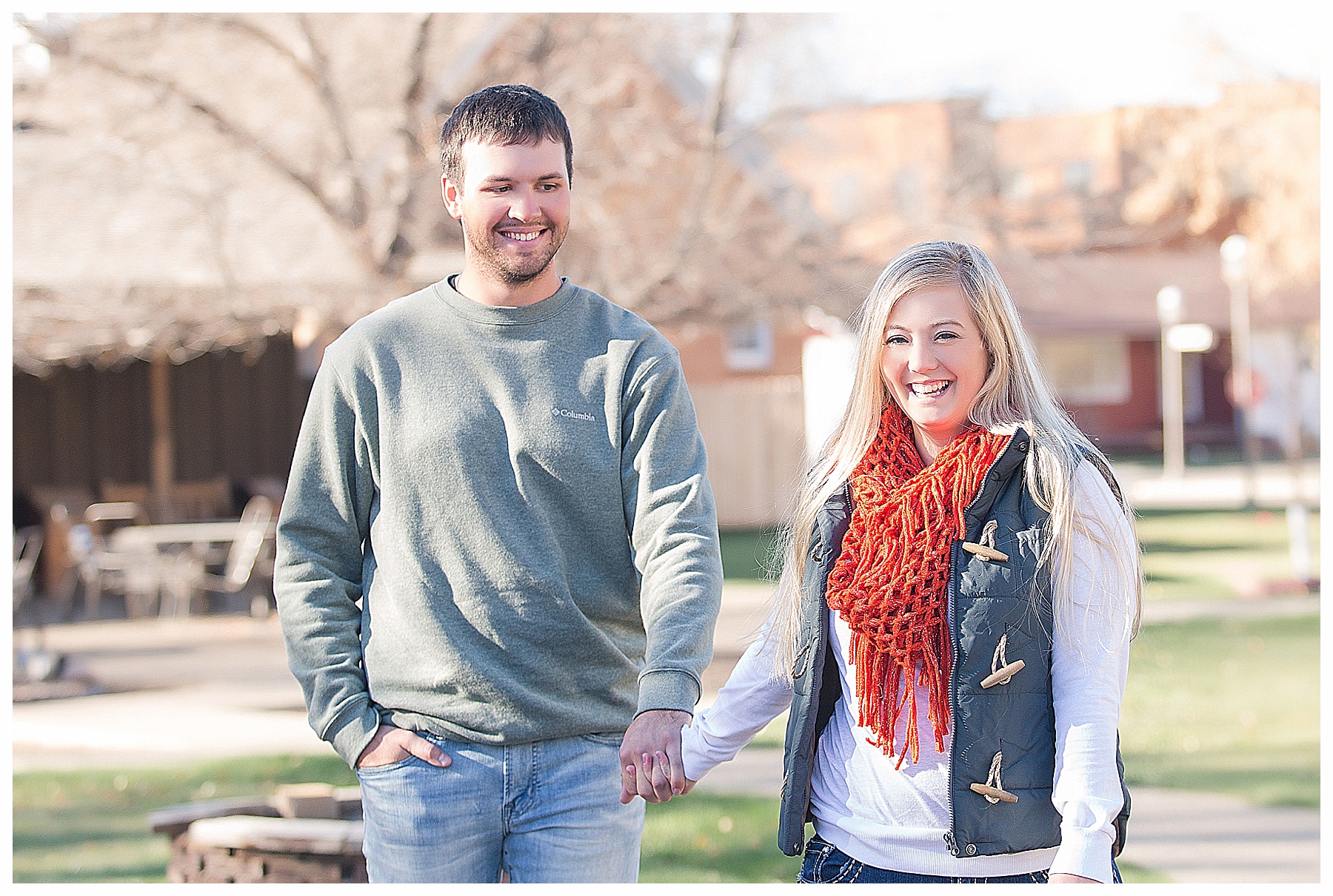 engaged couple walking