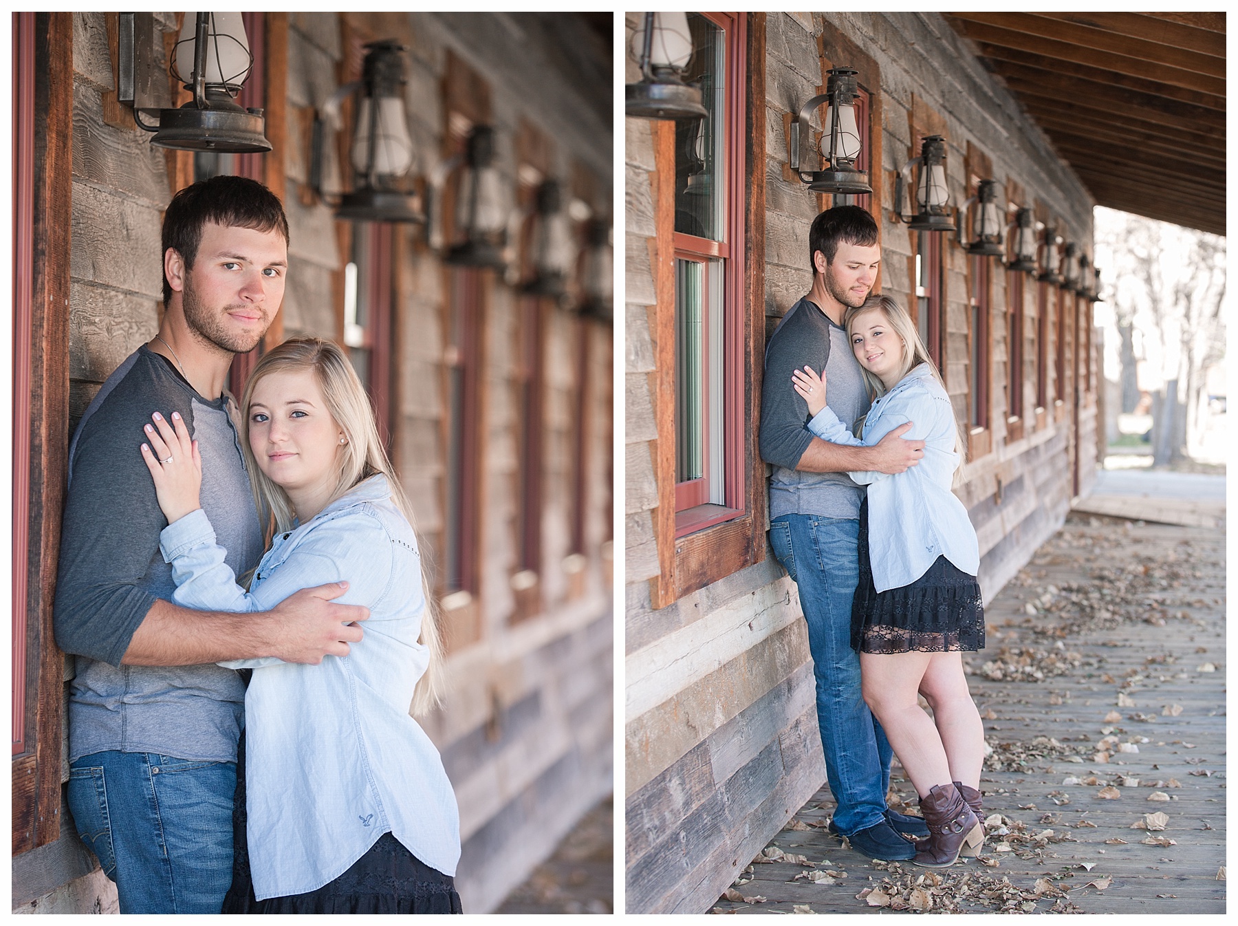 Engaged couple by log cabin