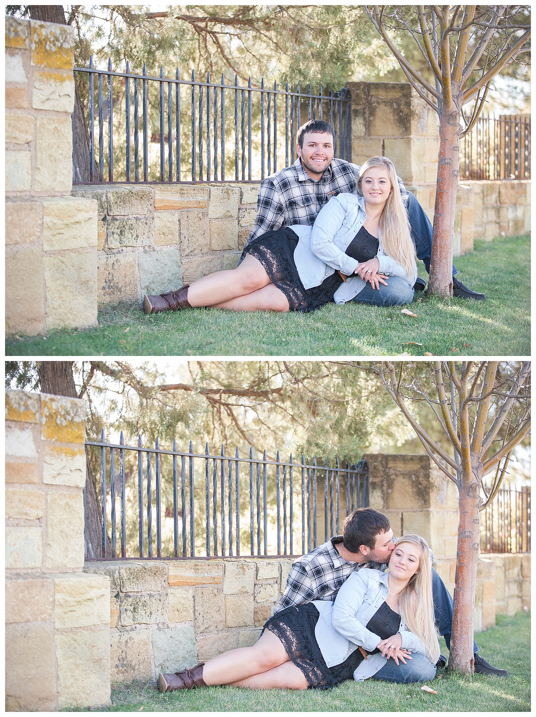 Engagement pictures by stone wall