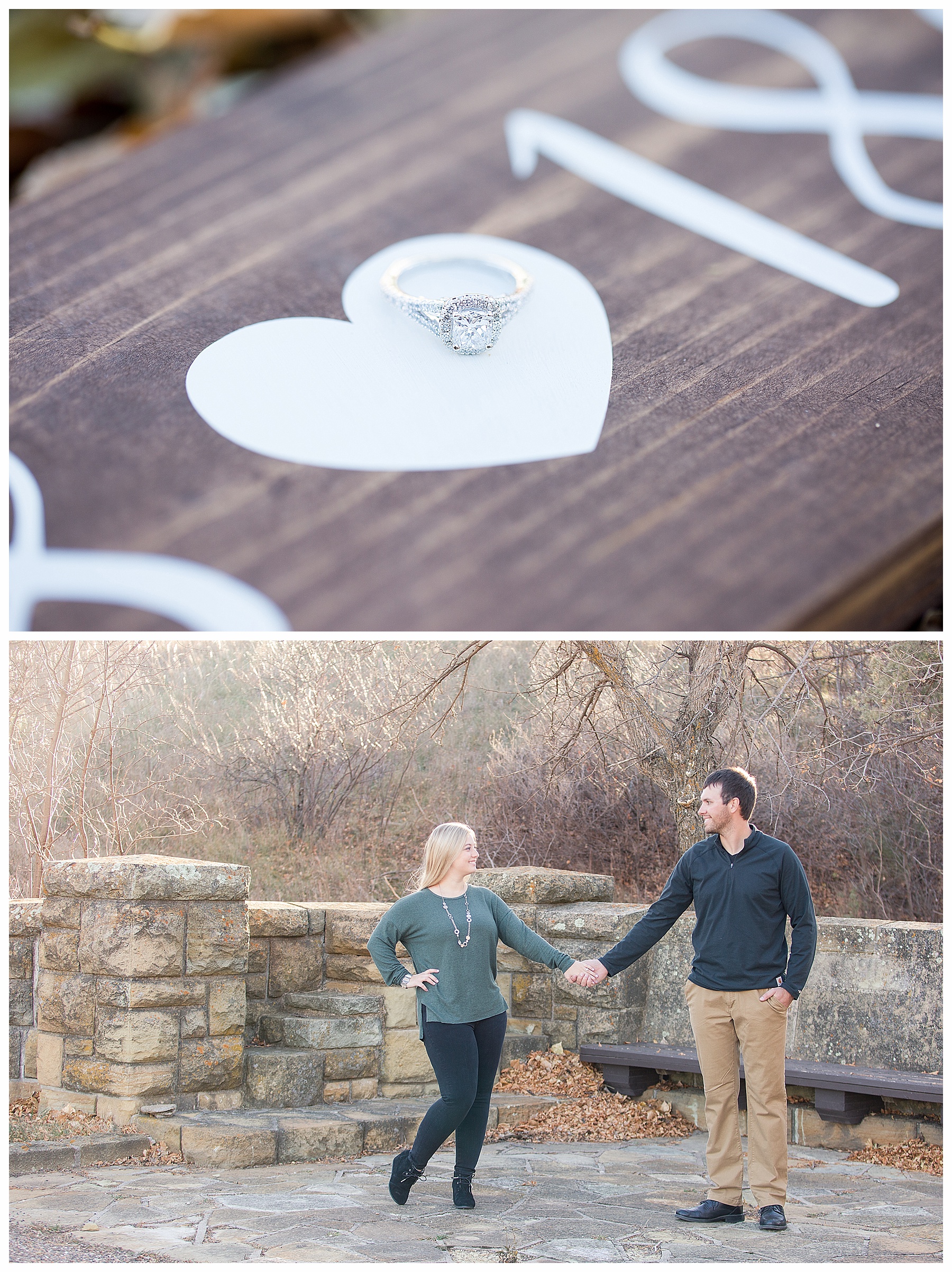 Engagement pictures by stone wall