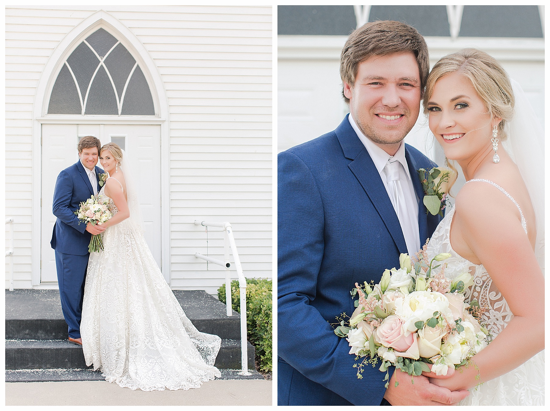 bride and groom in front of country church