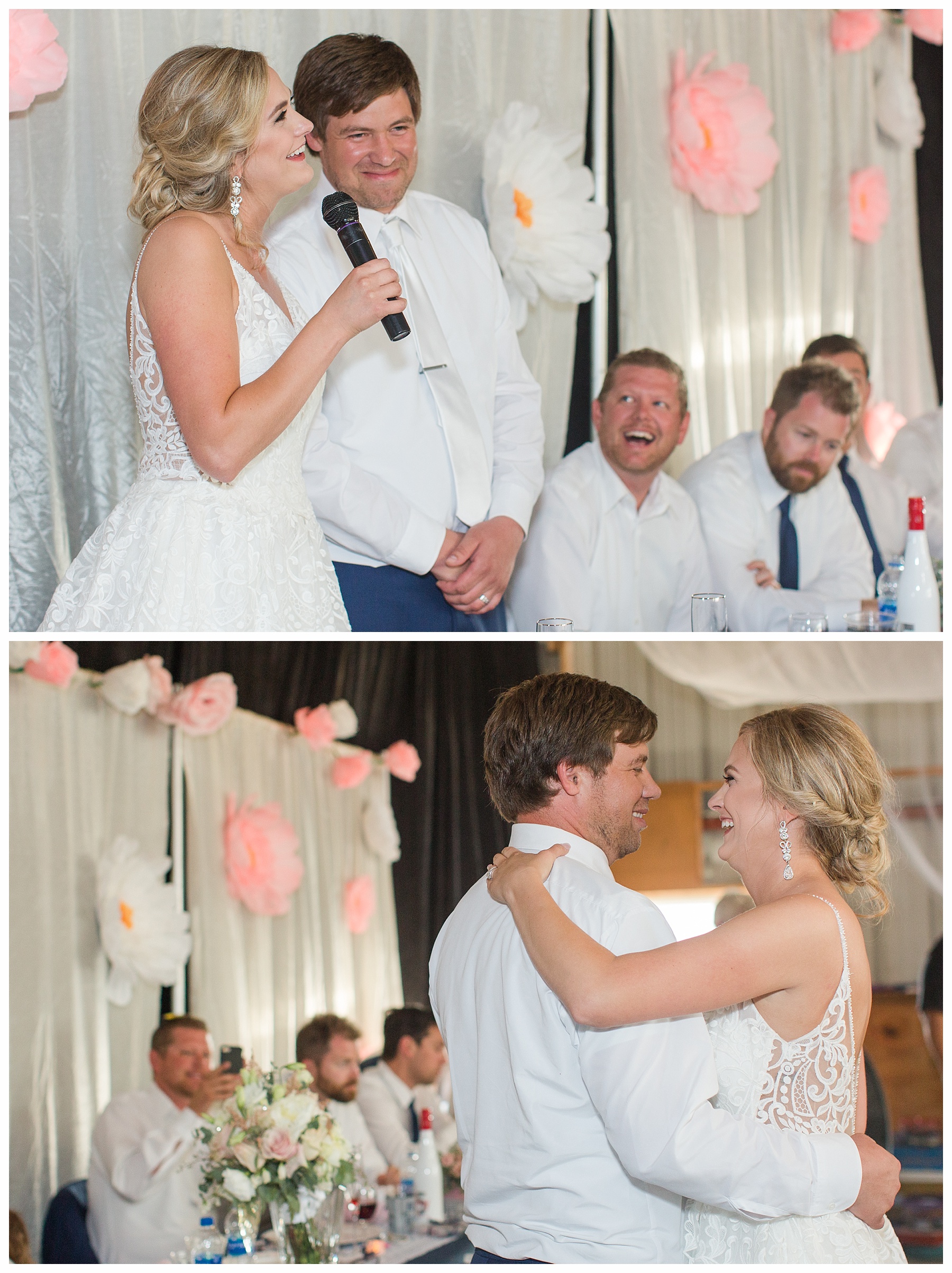 bride and groom toasting and laughing