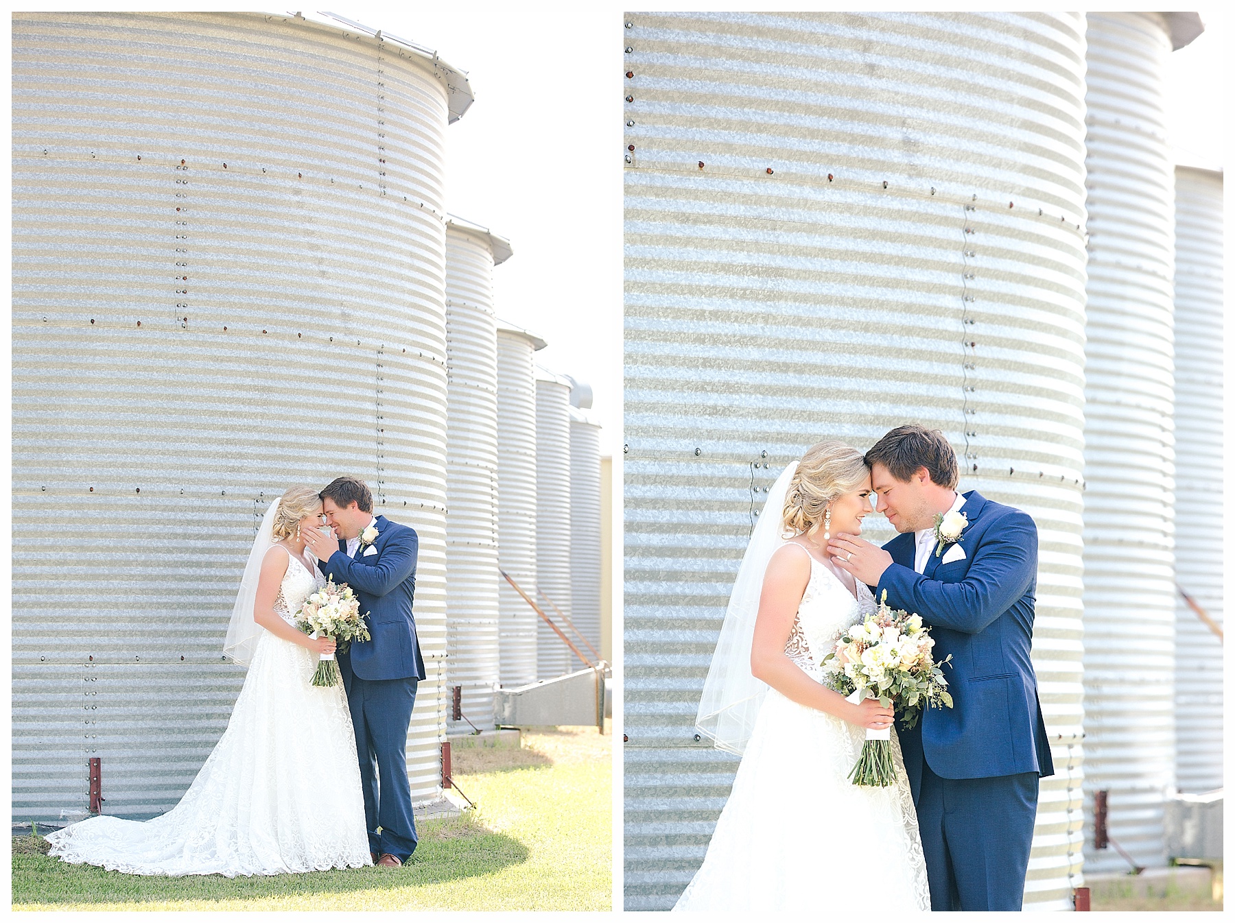 bride and groom by grain bins