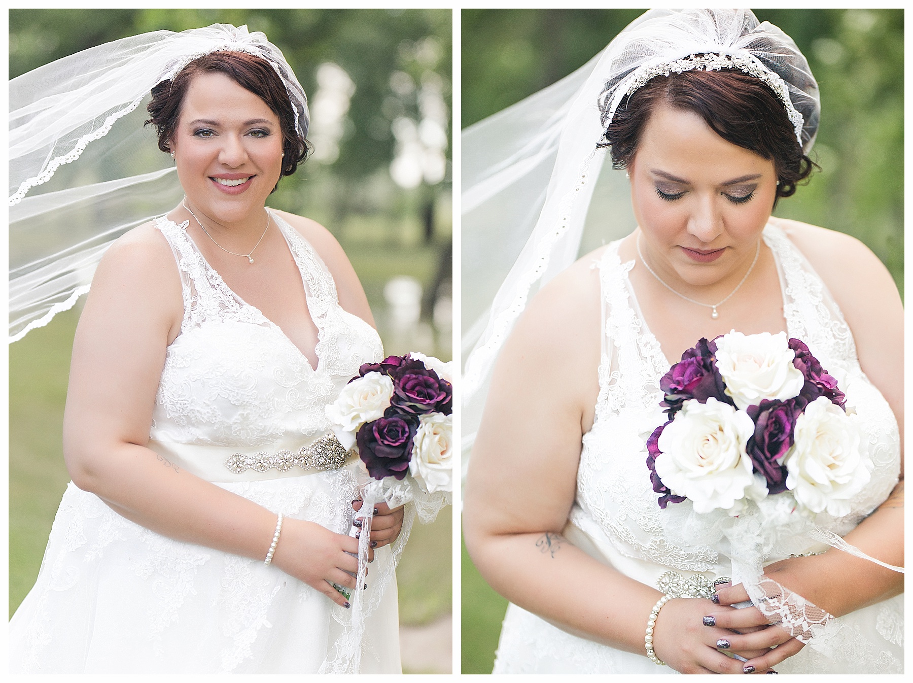 bride and purple bouquet