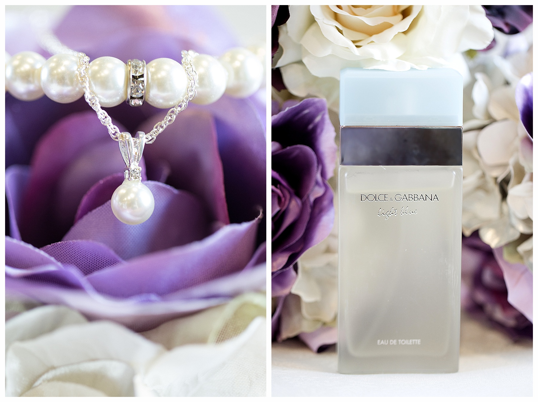 purple wedding details perfume and pearls