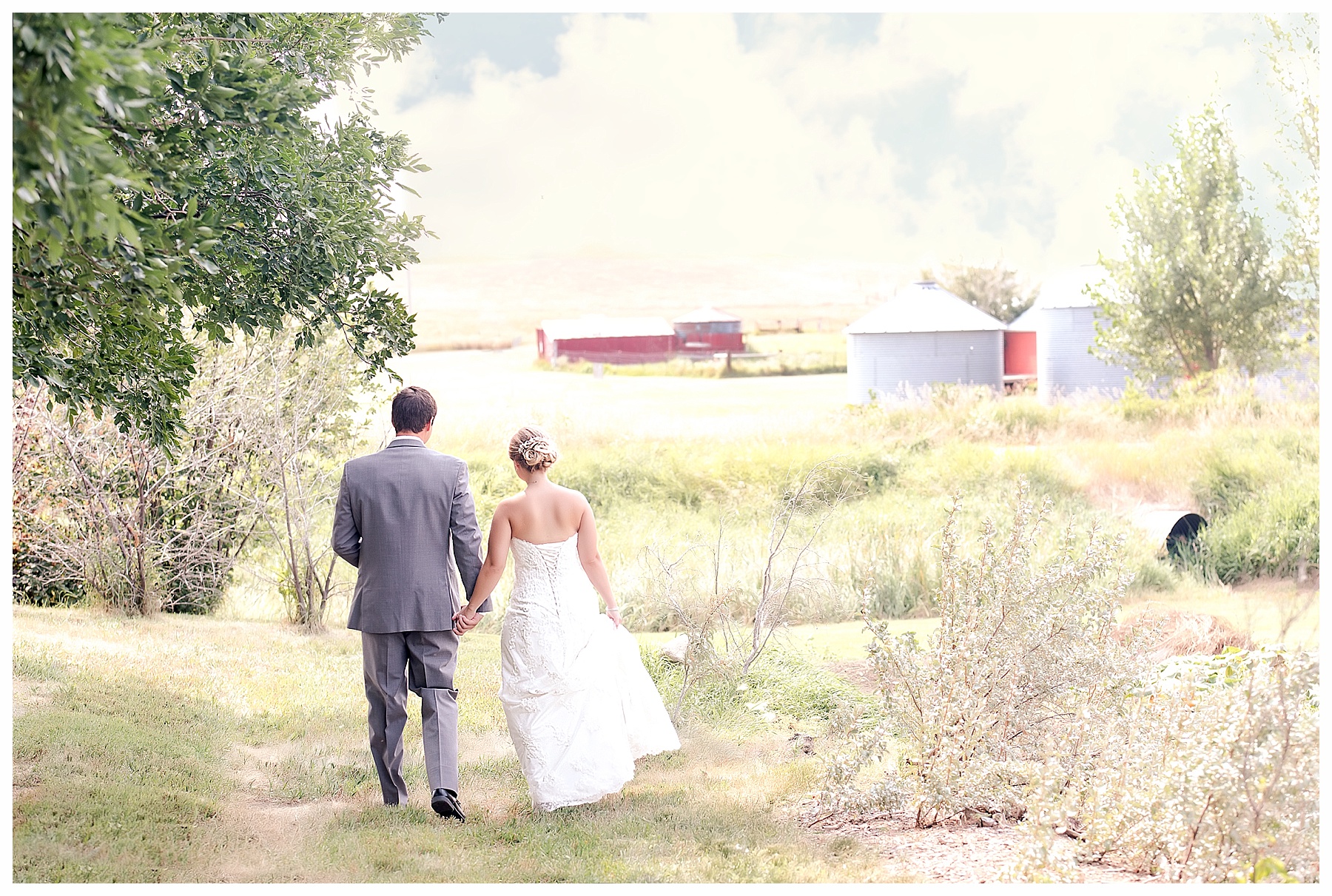 Bride and groom walking away