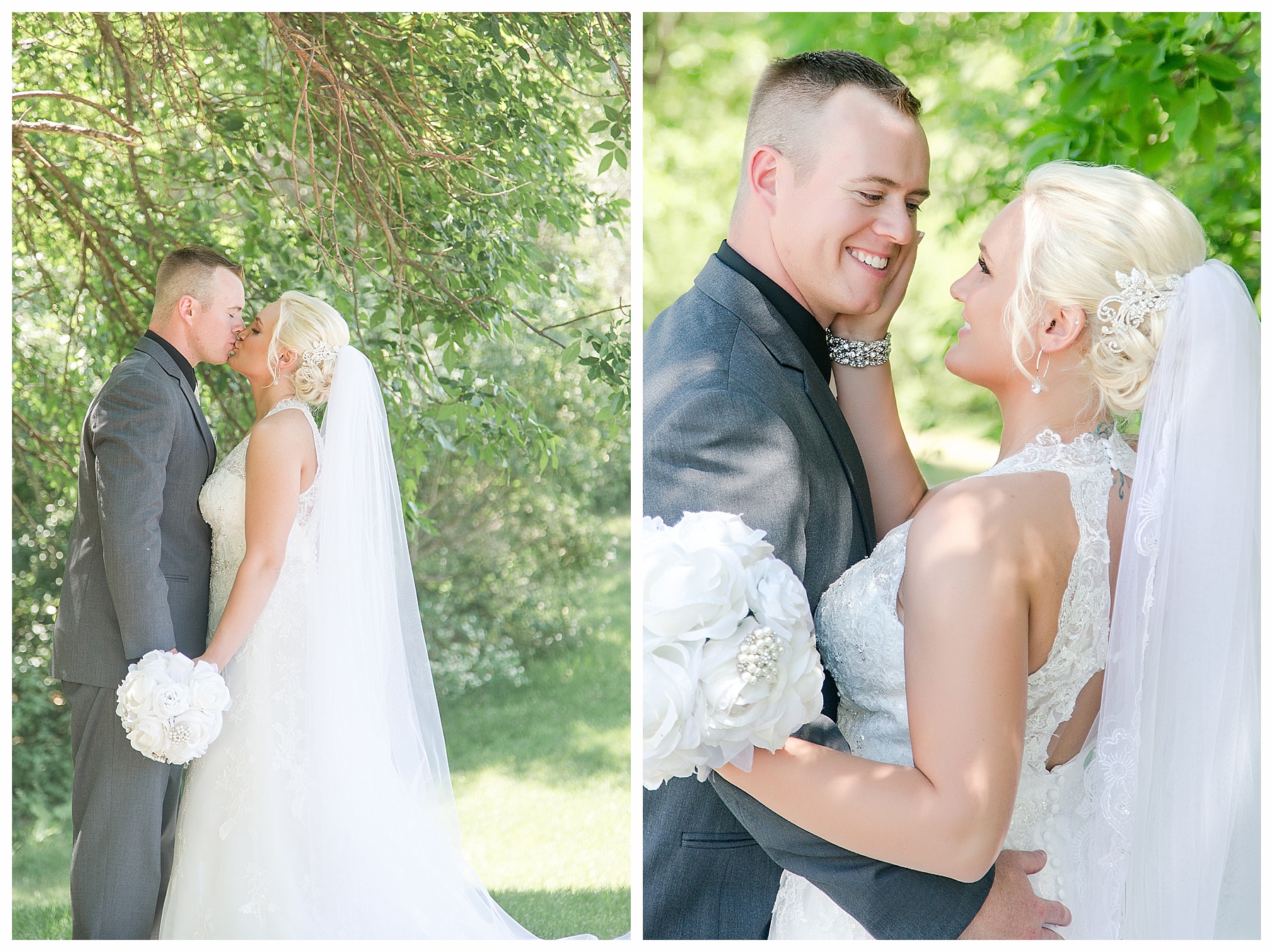 Blonde bride wears cathedral length veil in outdoor photos with groom