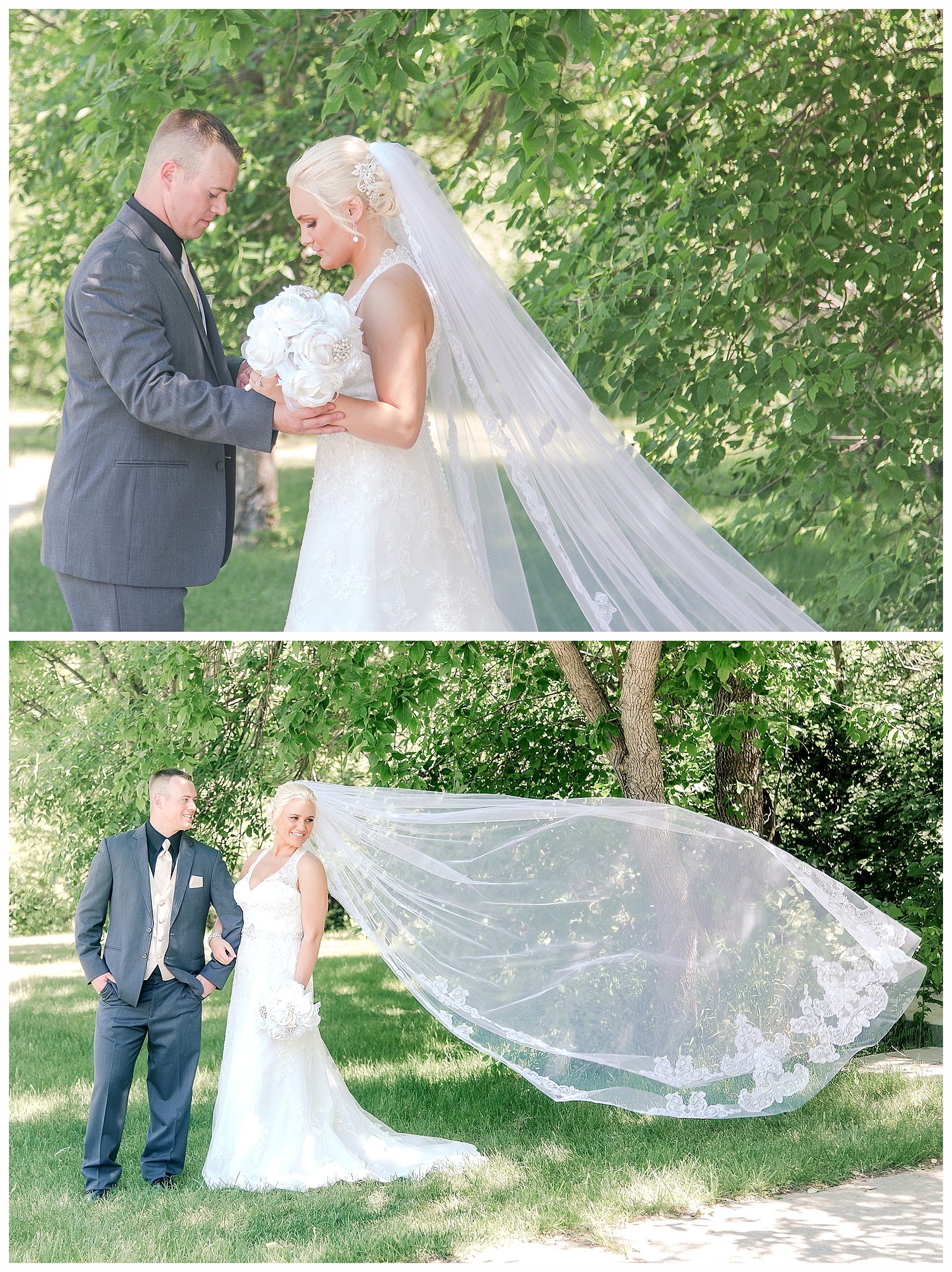 Cathedral length veil with lace accents blows in the wind