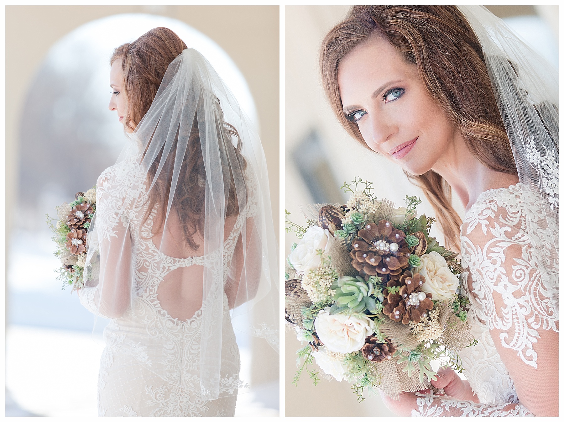 winter bride wearing hip length veil over auburn hair