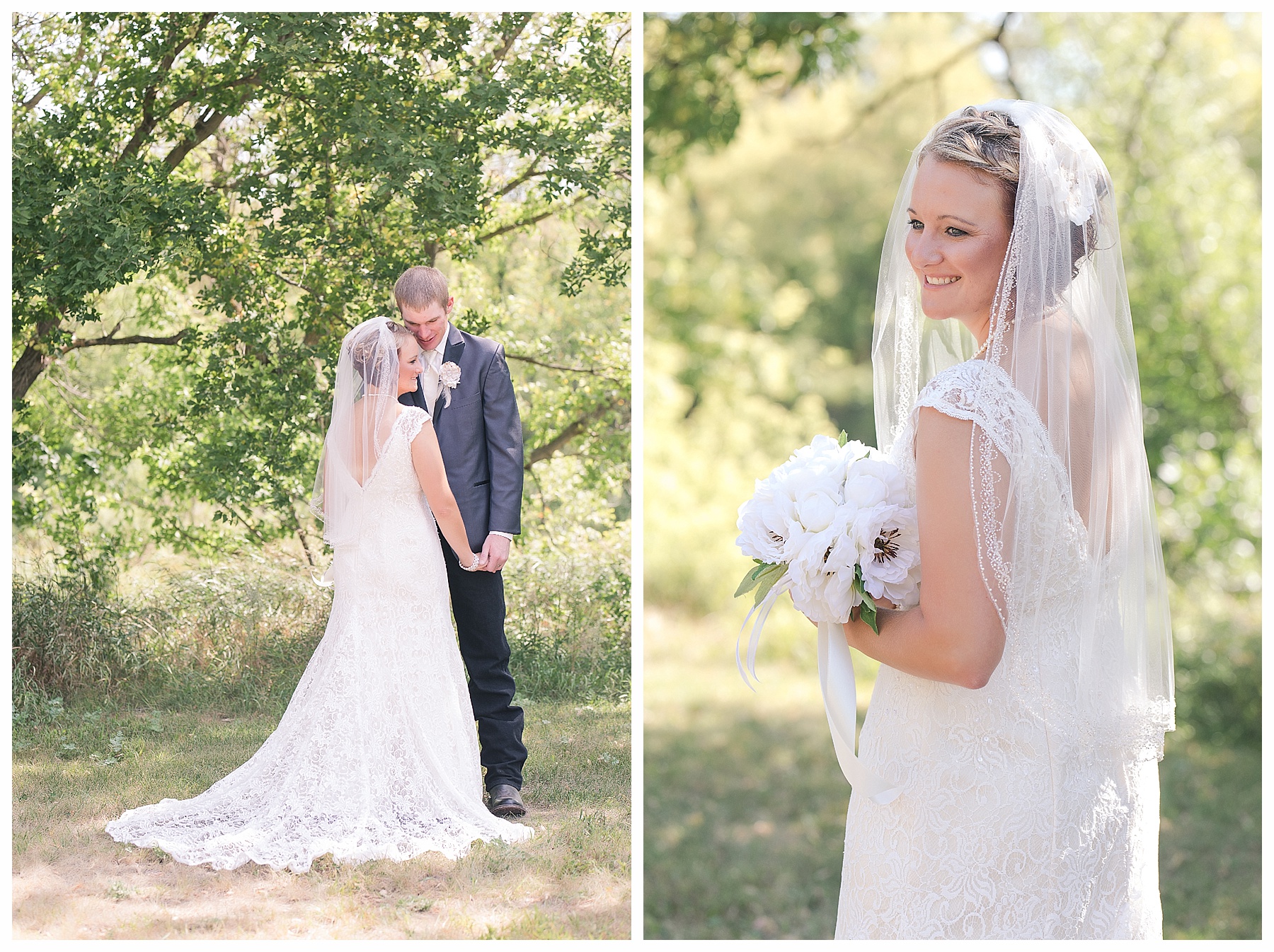 blonde bride with sort hair wears simple waist length veil