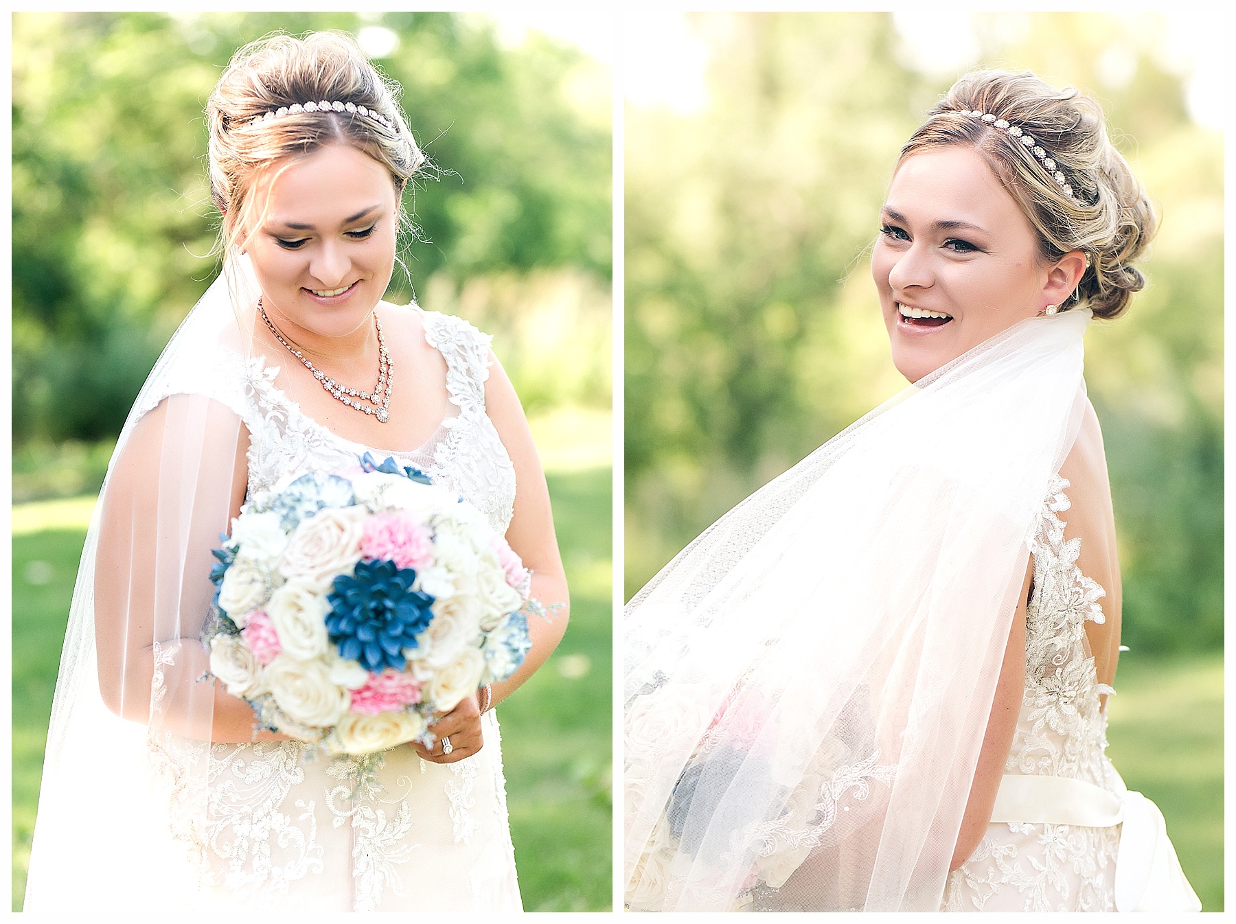 bride with updo hair style wears a headband and veil