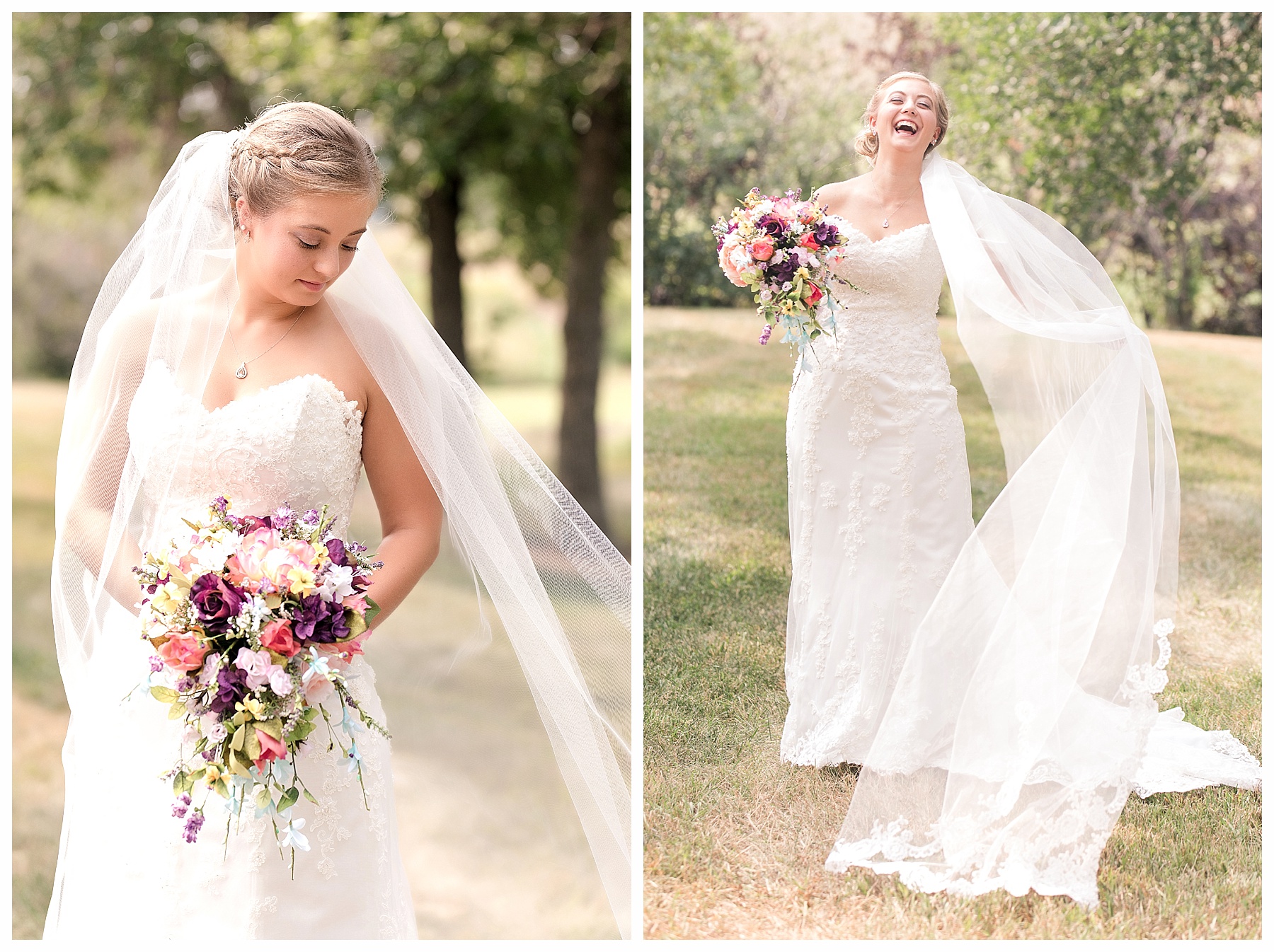 Spring bide wears cathedra length veil and holding multi colored bouquet