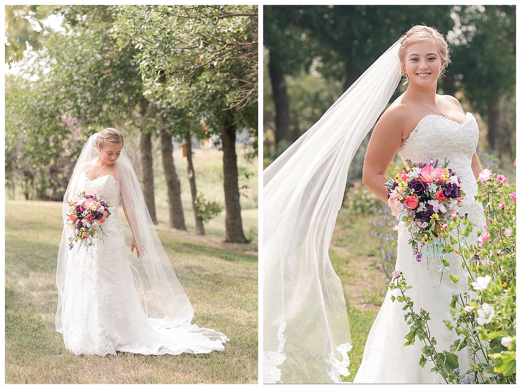 blonde bride wears cathedral length veil while tanning in wild flowers