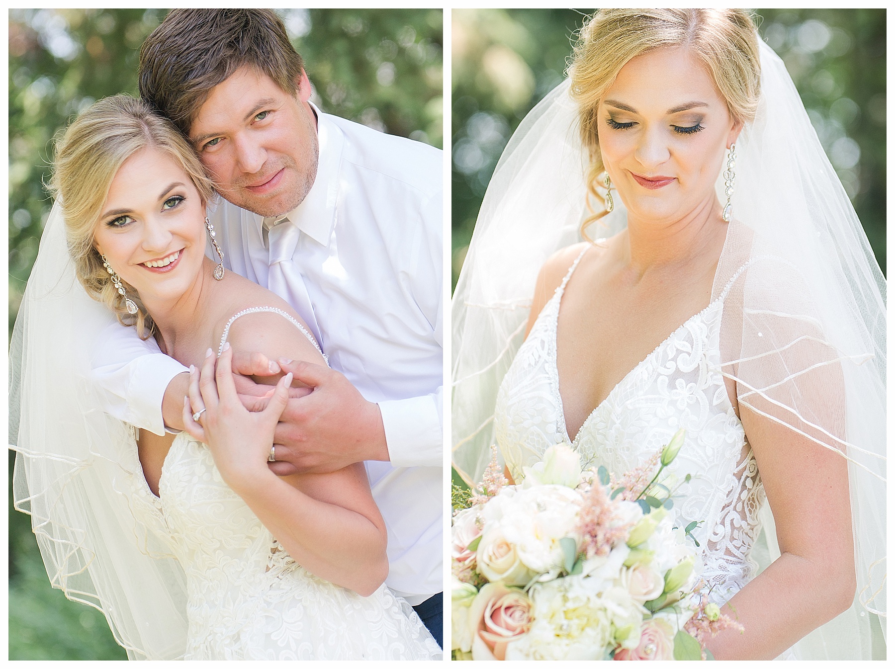 summer bride wears mother's veil over her shoulders