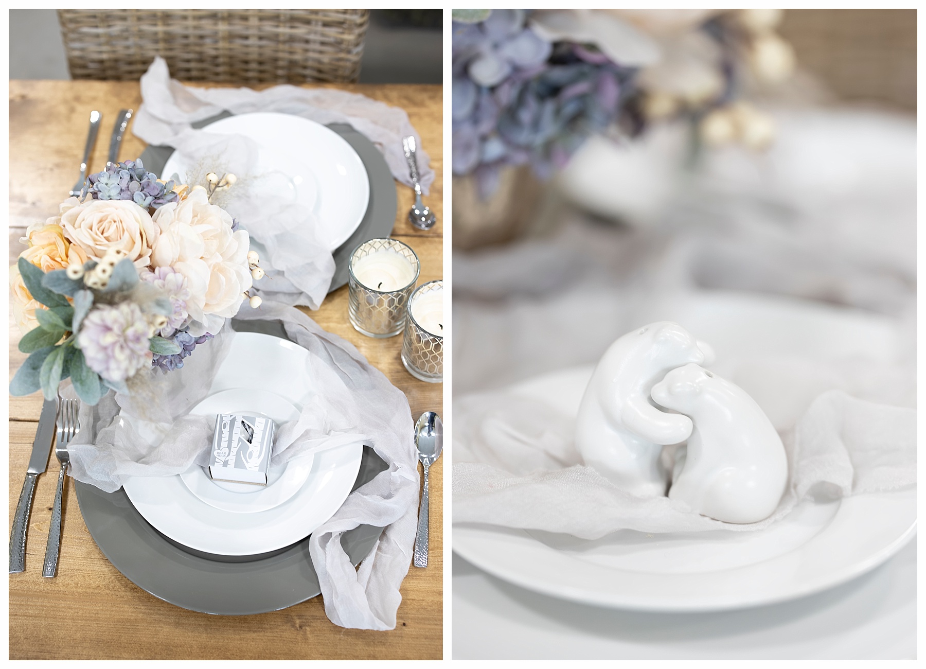 lavender and grey wedding place settings