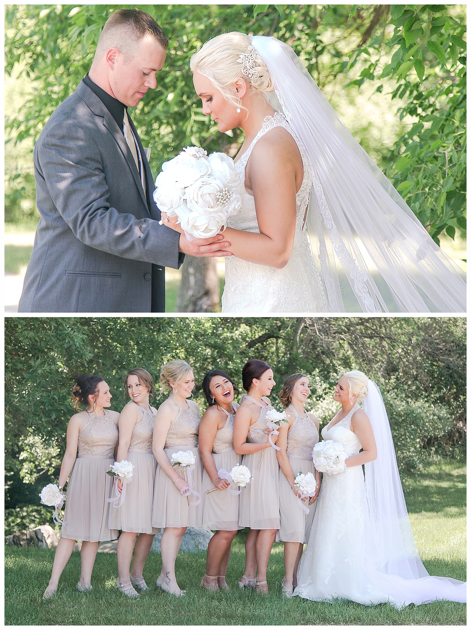 Bride with white bouquet and bridesmaids in silver laugh together during photos.  Bride and Groom pray together.  Photo by Justine at Photography by Justine a wedding photographer in Bismarck ND