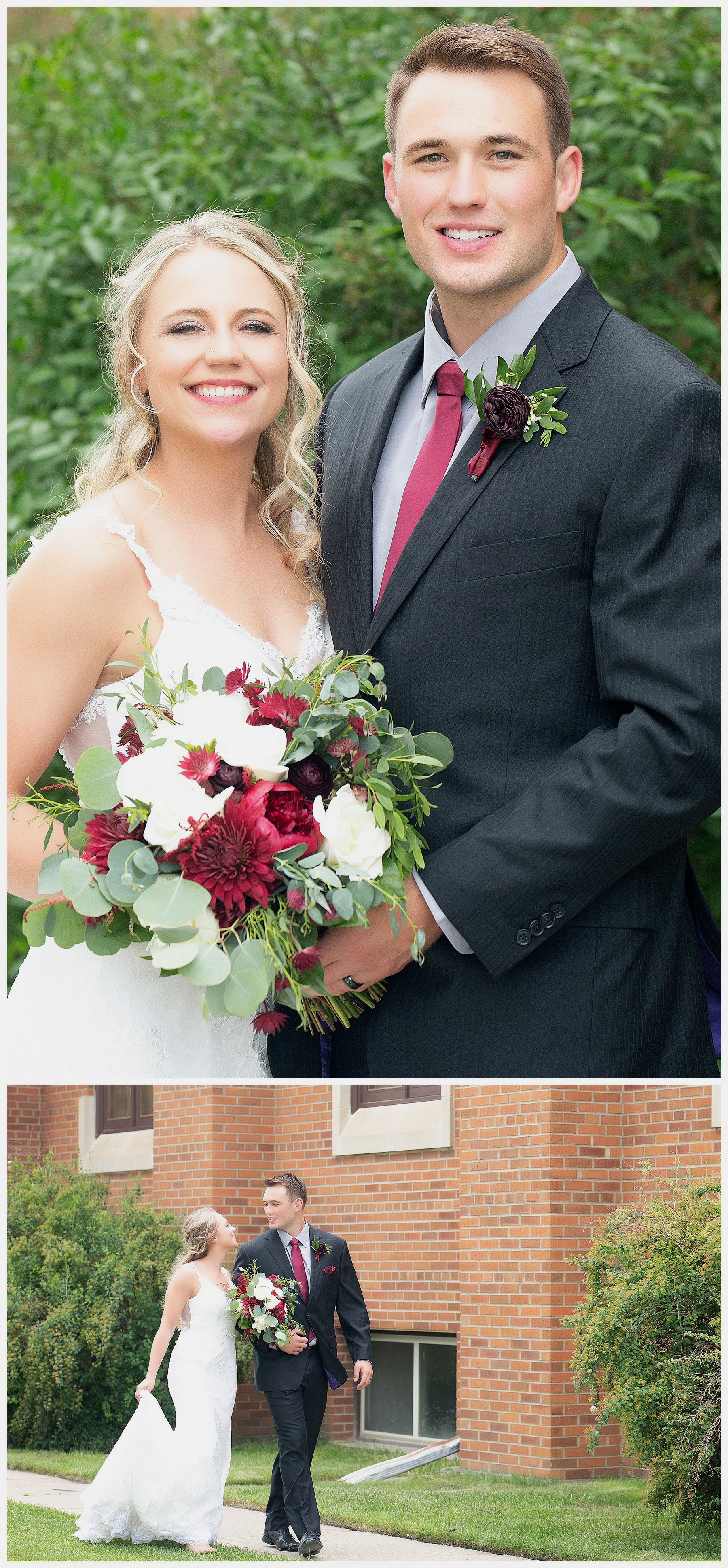 Bride with white and Burgundy bouquet and groom with Burgundy walk together net to brick churct.  Taken by Justine a wedding photographer in Bismarck fND