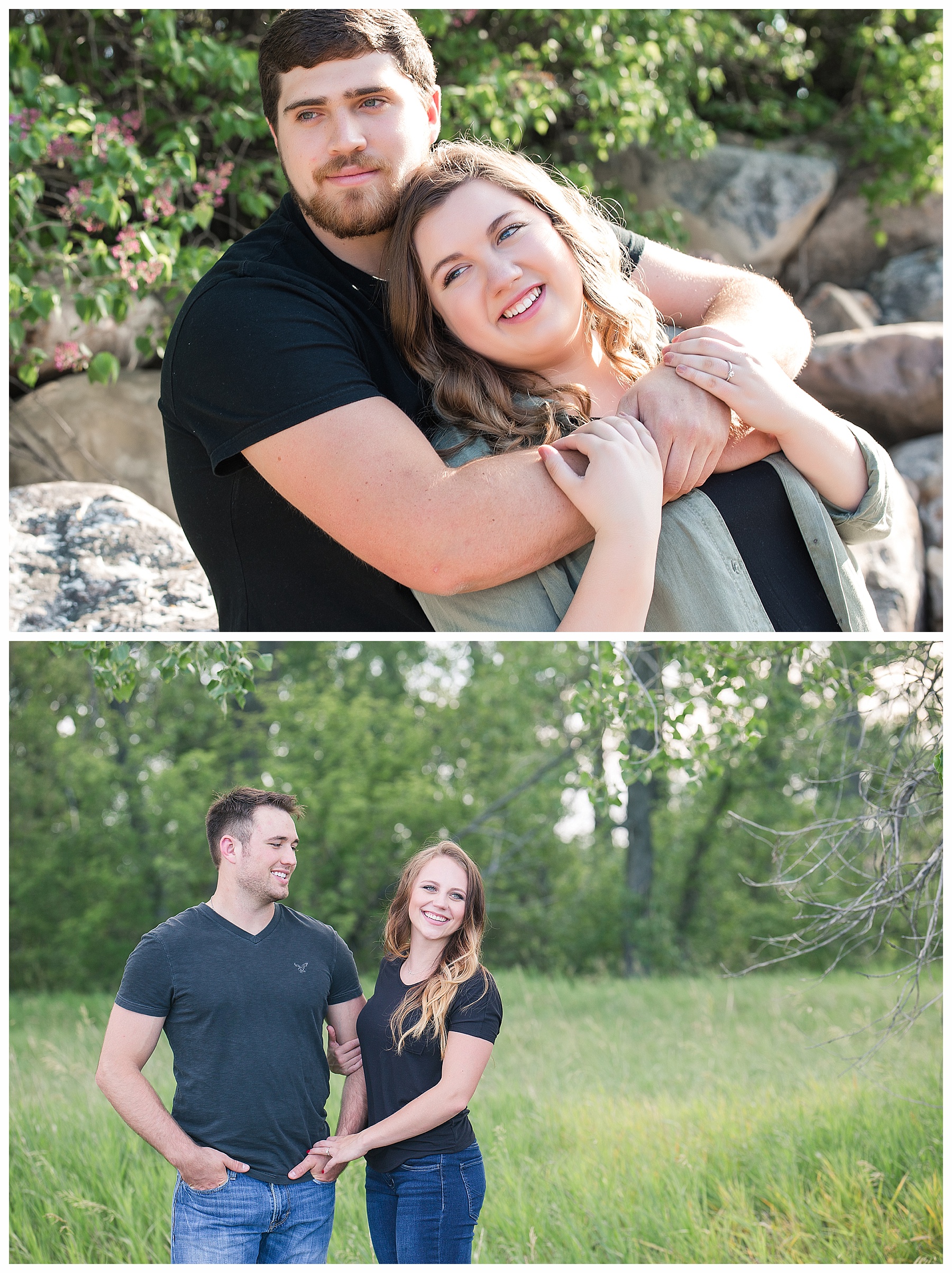 engaged couples pose together in field of green.  Photo created by Justine, a photographer in Bismarck ND