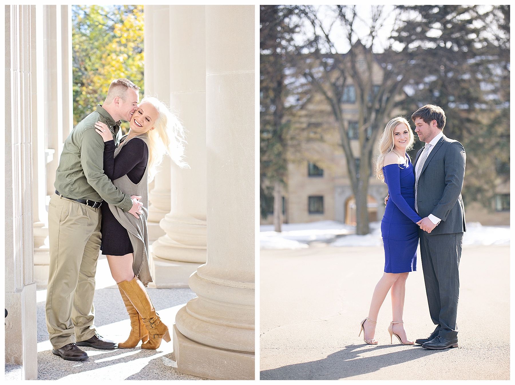 Couples pose for engagement pictures in dressy outfits in Bismarck and Fargo North Dakota