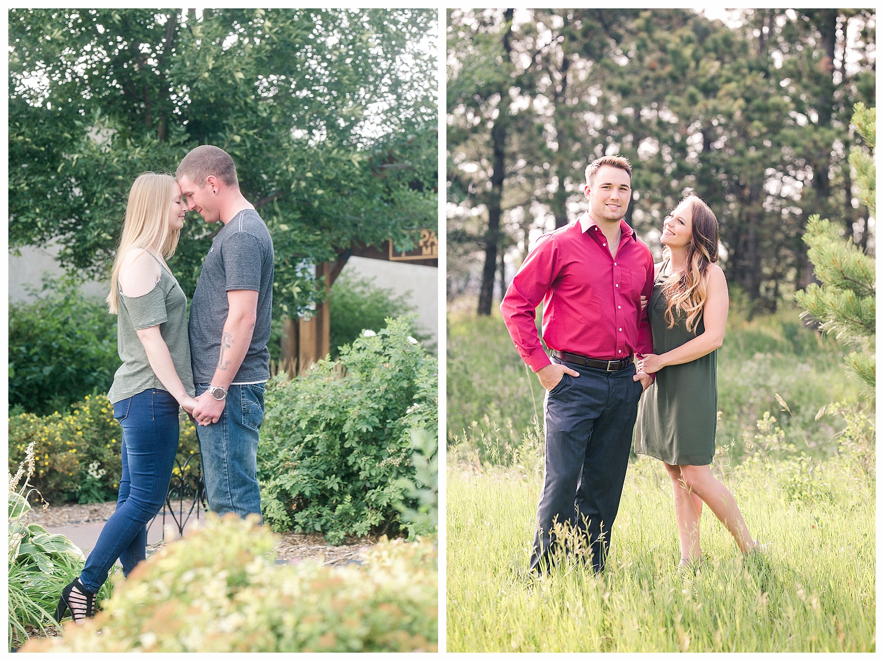 couples pose for engagement pictures in fields.  Woman stands with knee bent for great looking legs.  Photo by Justine, photographer in Bismarck ND