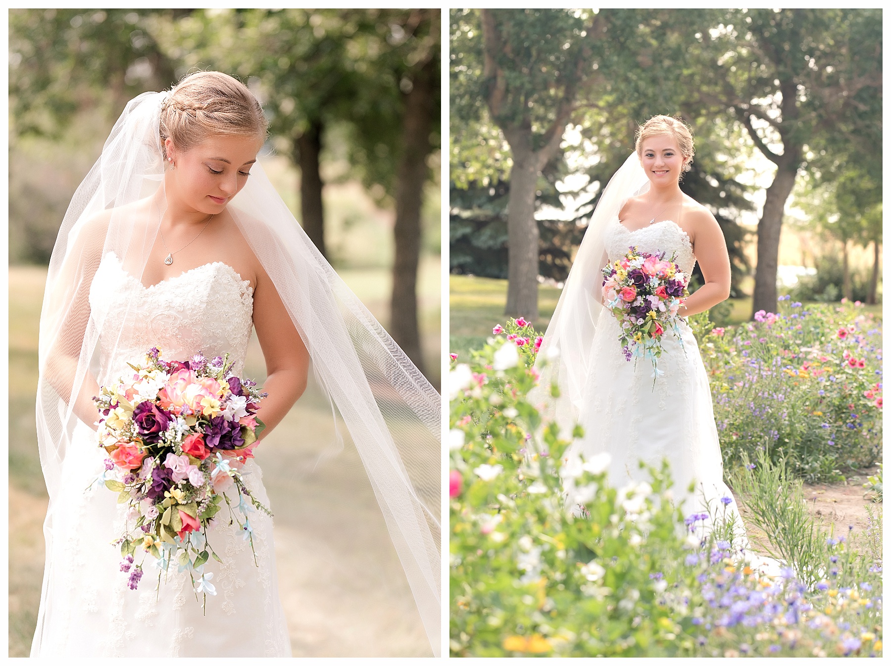 bride with multi colored bouquet stands in wild flowers with cathedral veil.  Photo by Photography by Justine in Bismarck ND