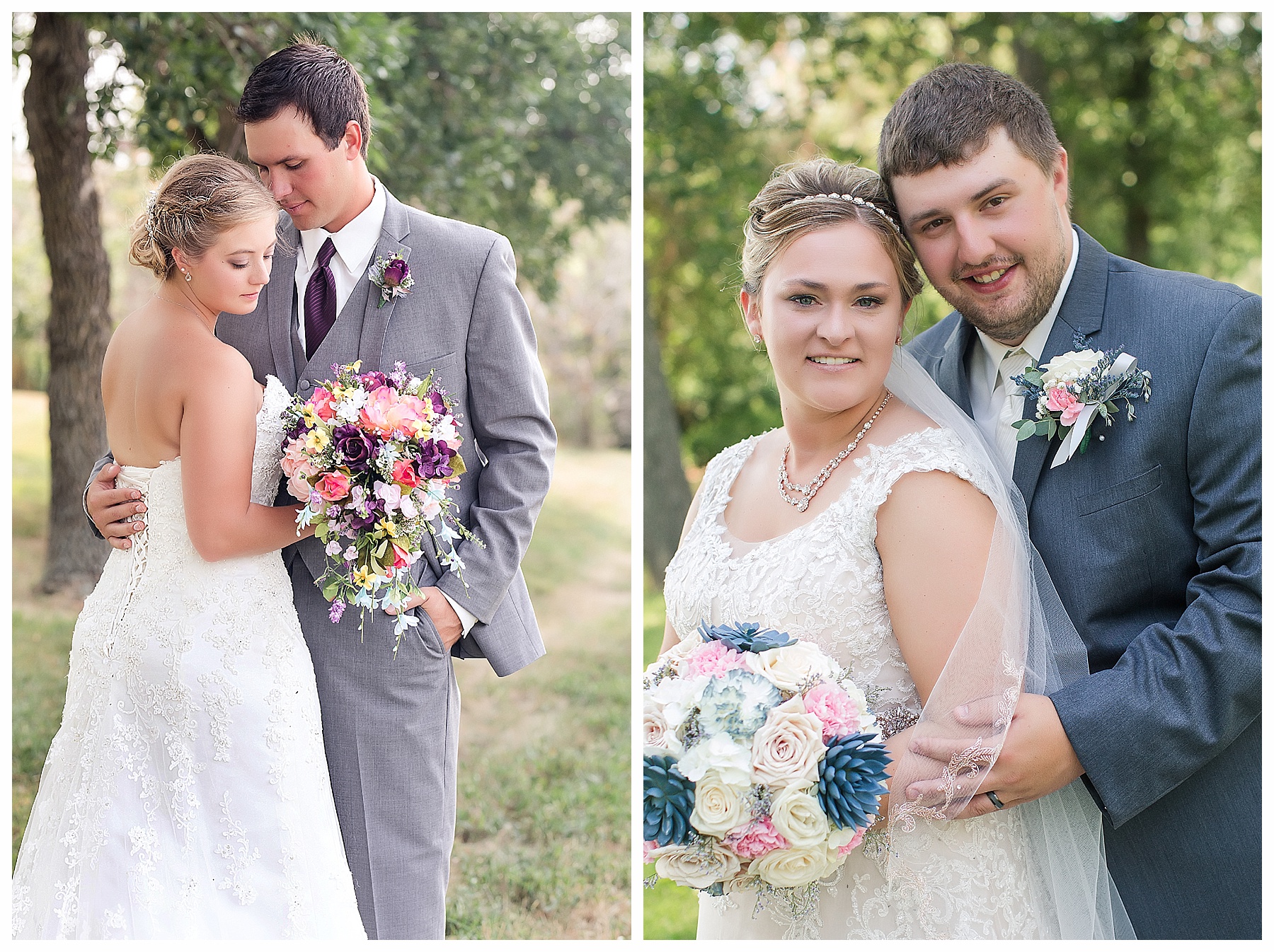 Bride and Grooms pose natural for wedding pictures, holding pink and blue bouquets.  Photographer in Bismarck ND