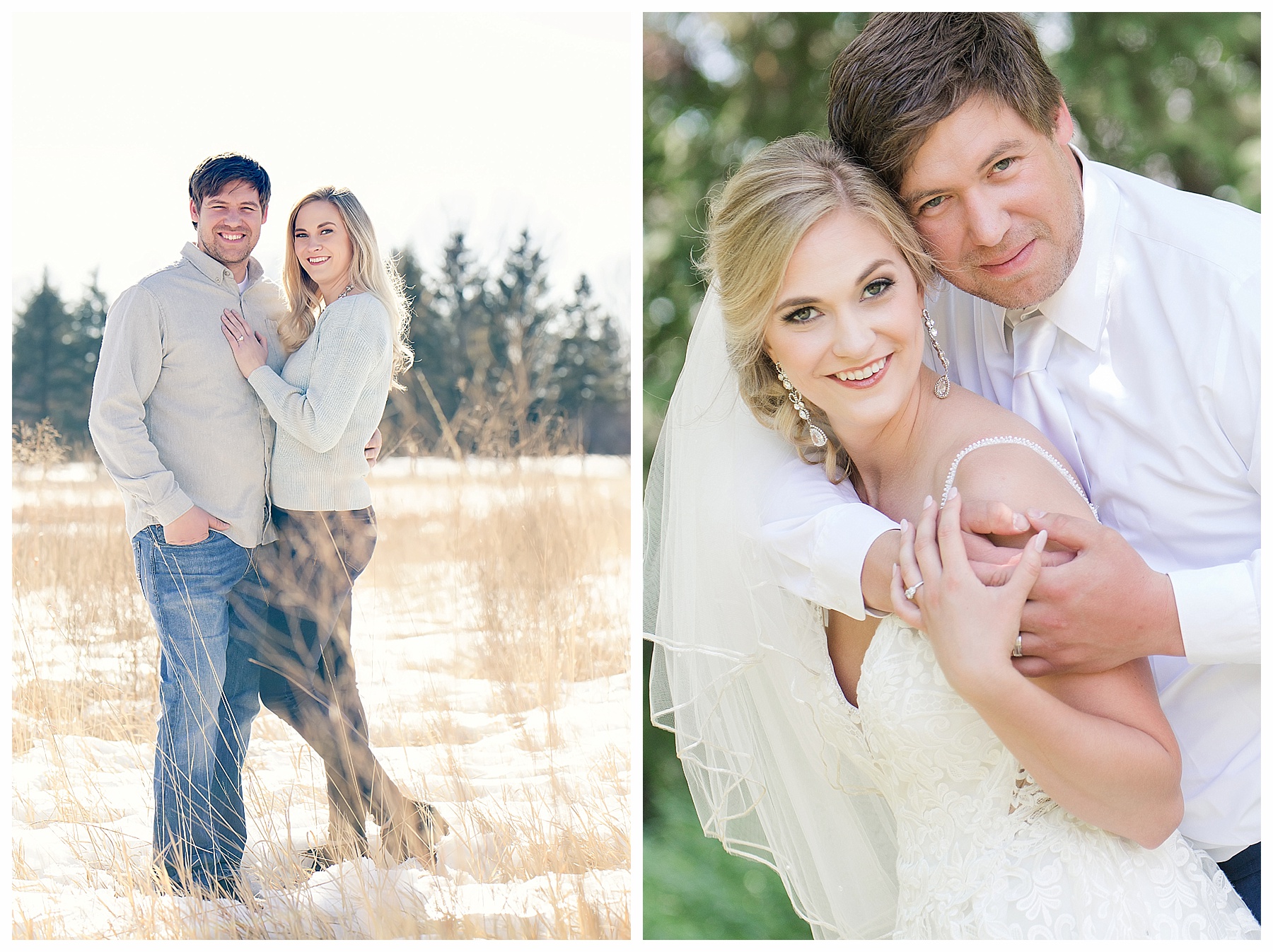 couple wearing light blues and stands in field of snow and straw, smiling at camera.  Photo by Justine, a wedding photographer in Bismarck, ND