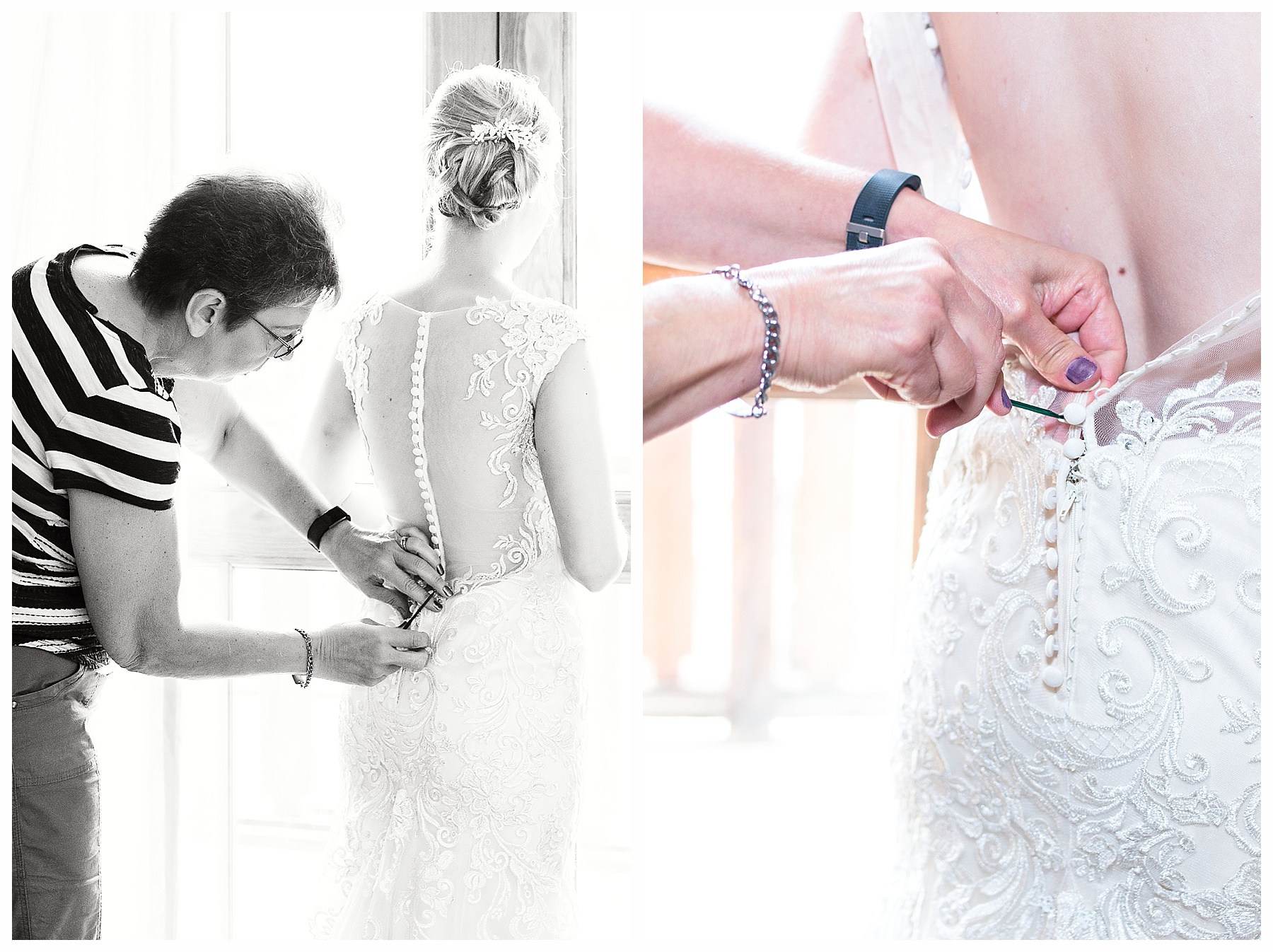 getting ready buttoning the wedding gown