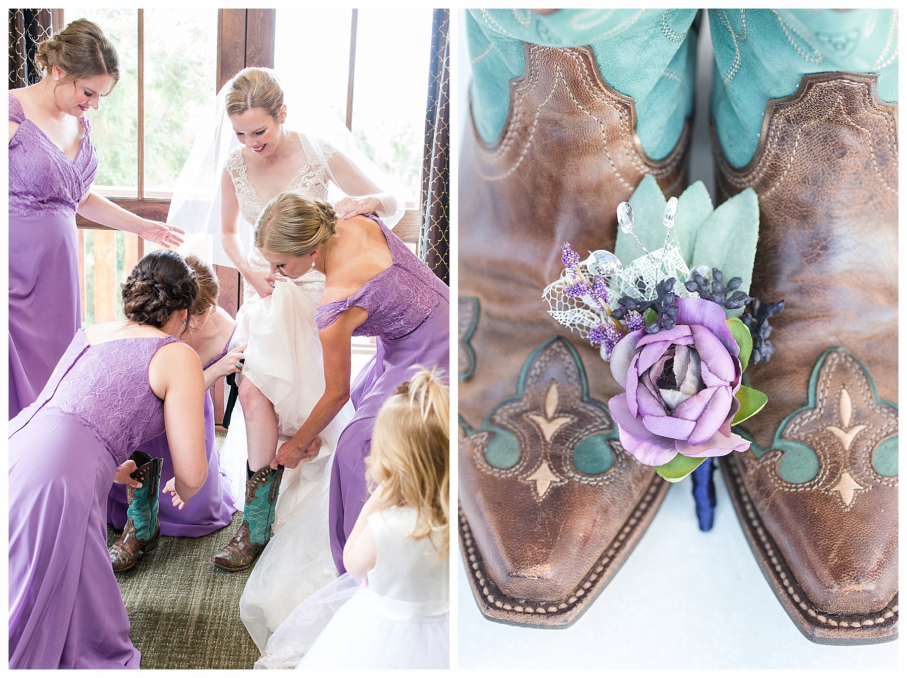 bride and bridesmaids getting ready cowboy boots