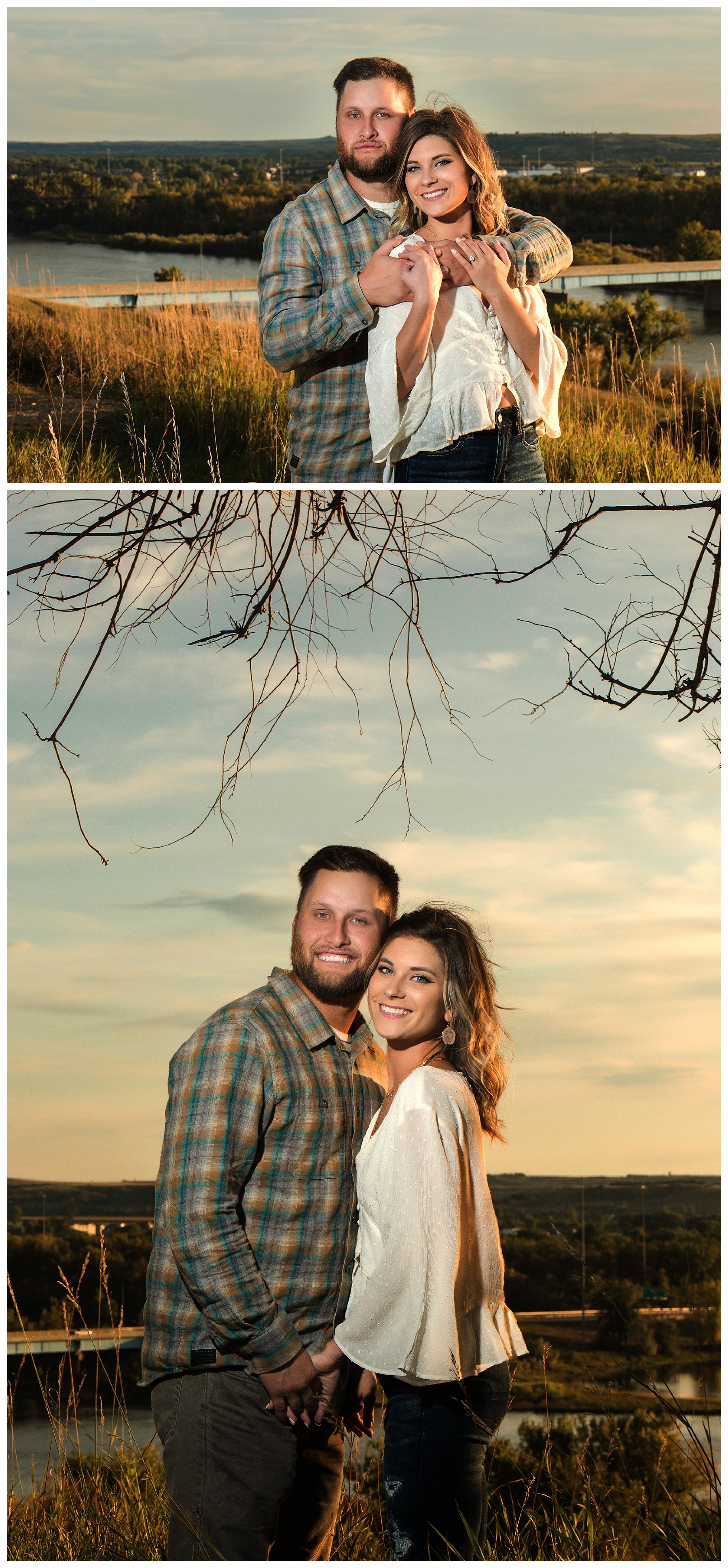 sunset pictures of engaged couple in Bismarck North Dakota