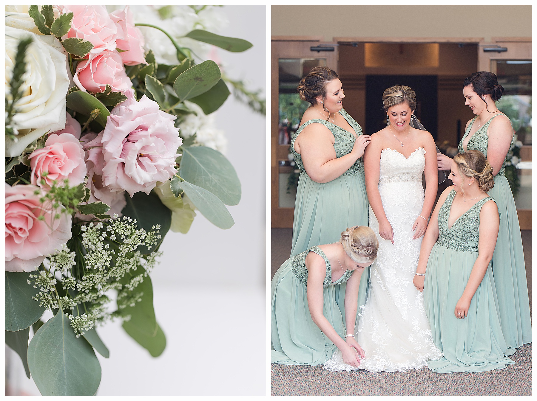 girls with bride getting ready
