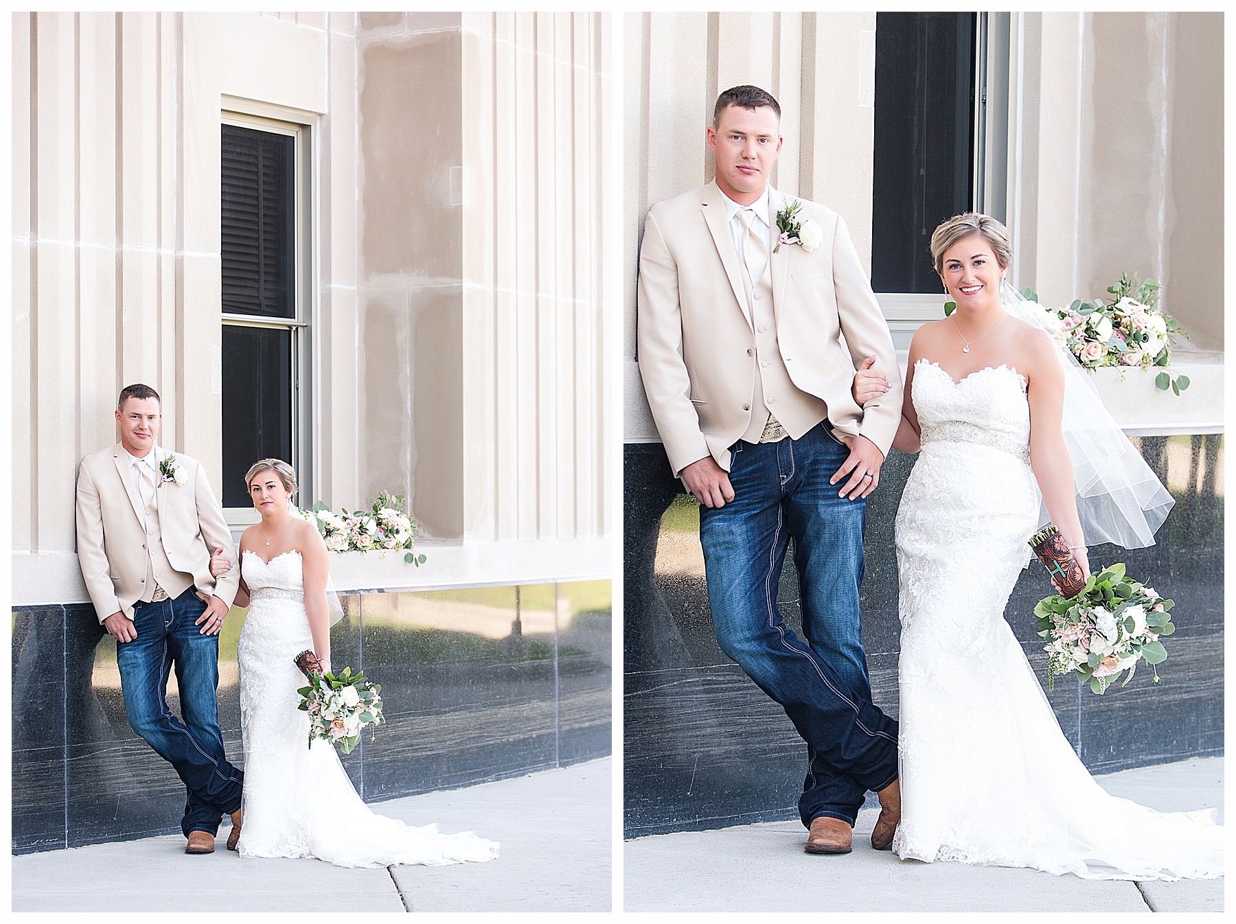 Bride and groom standing casual in front of formal buildings with bridesmaids bouquets in the background