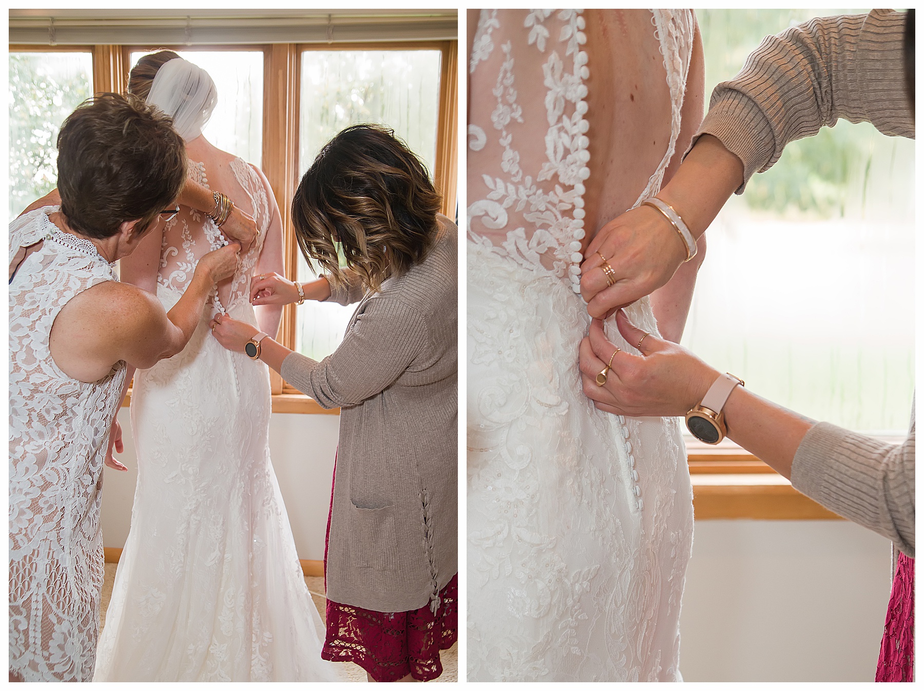 Dickinson wedding bride getting into her gown