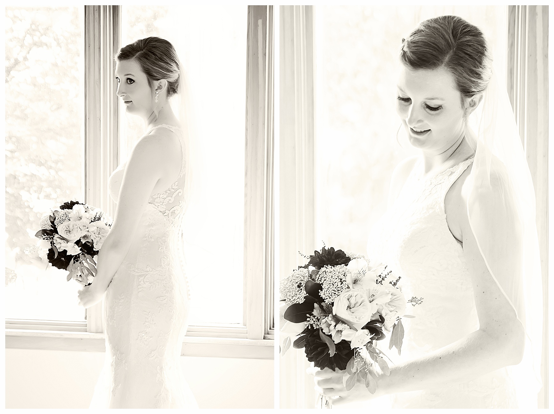 black and white bride in window