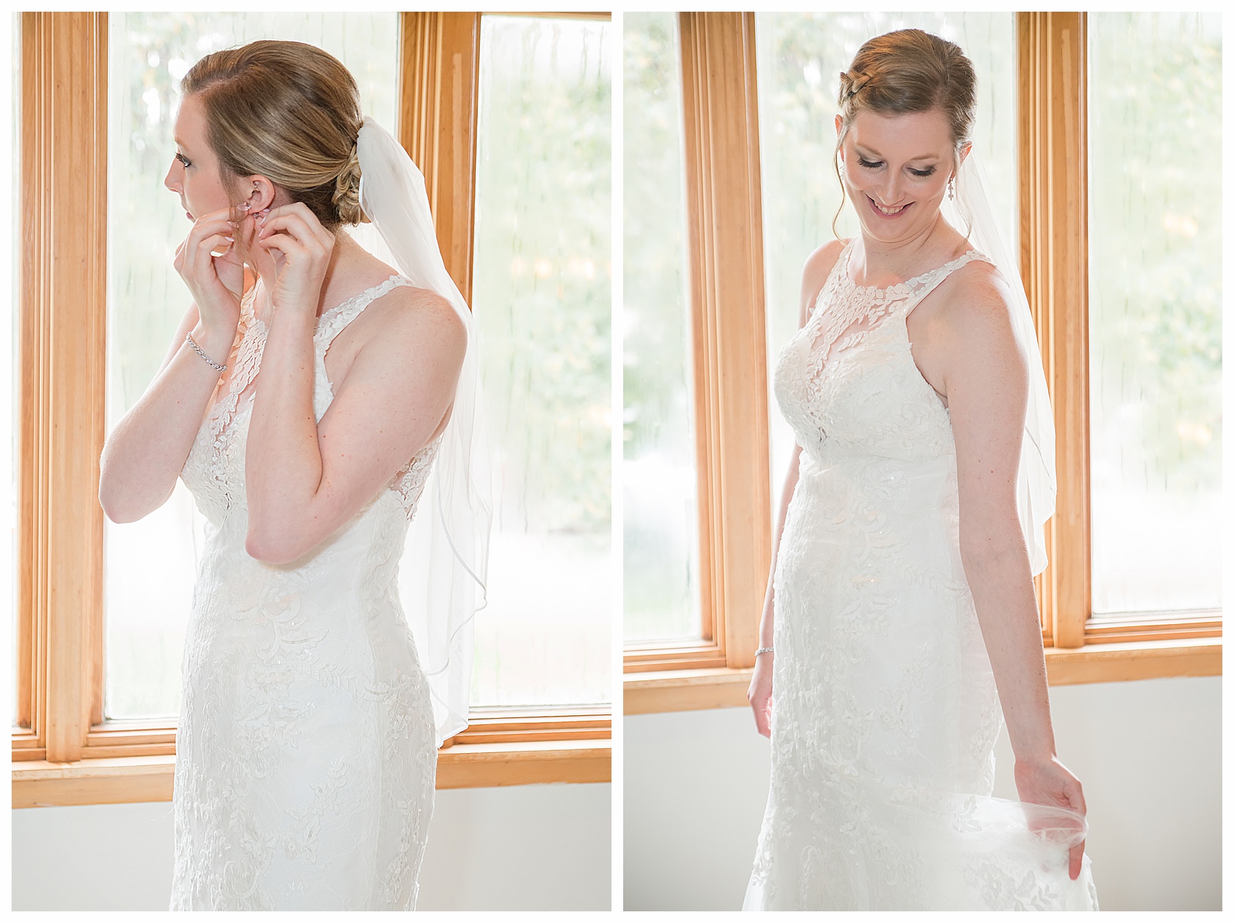 bride getting ready in window light