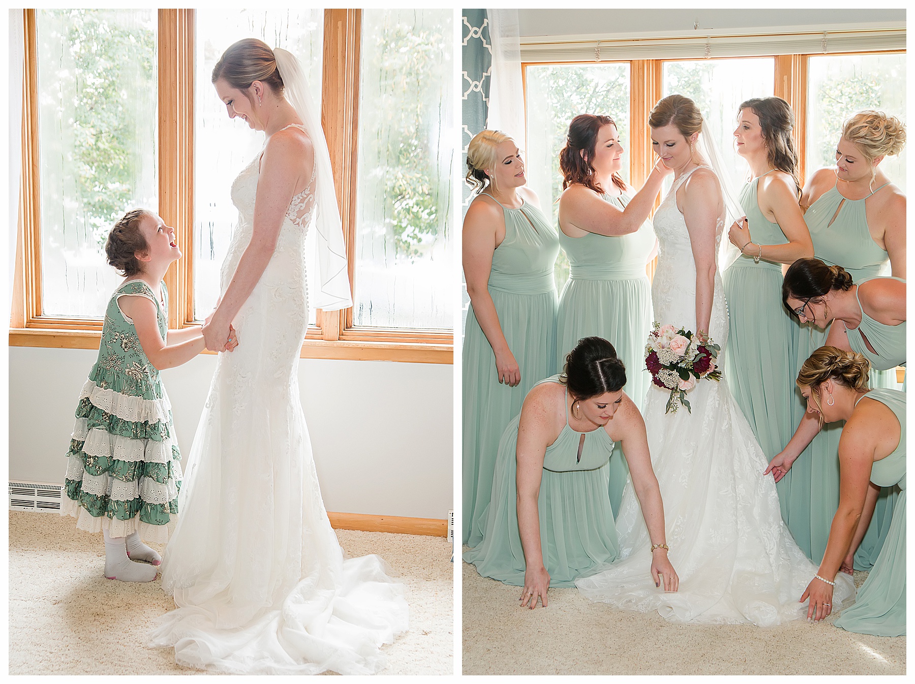 bride and girls getting ready sage green