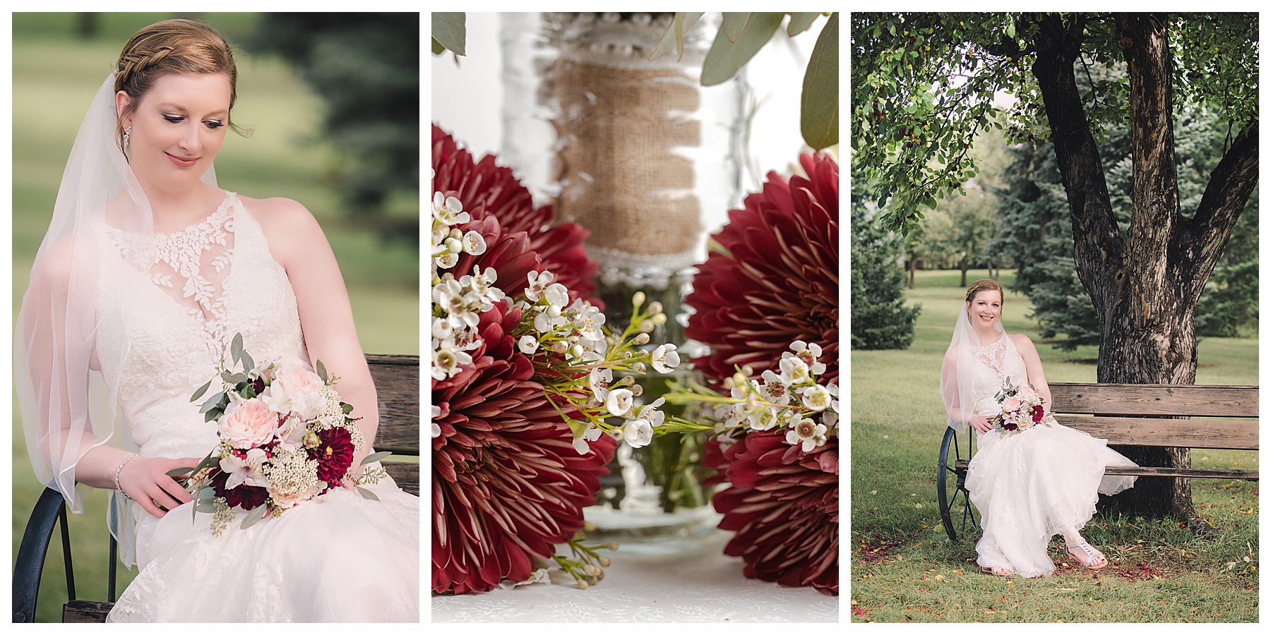 bride on bench in park