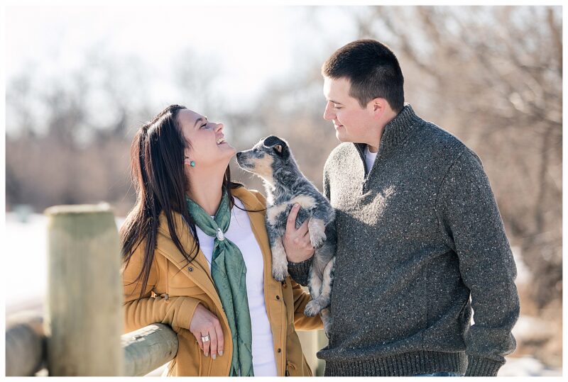 engaged couple with puppy