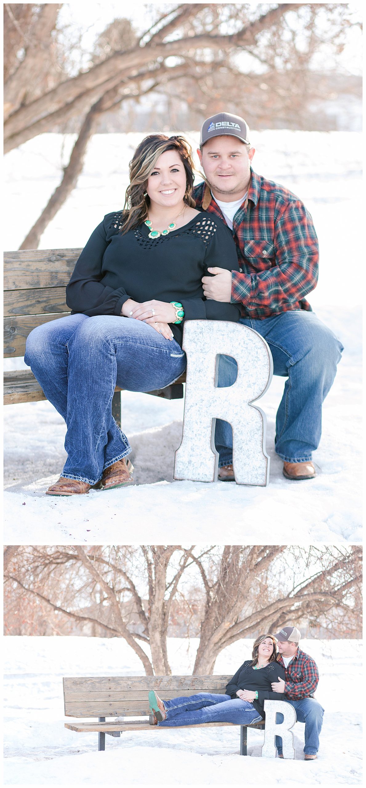 winter engagement pictures on the bench