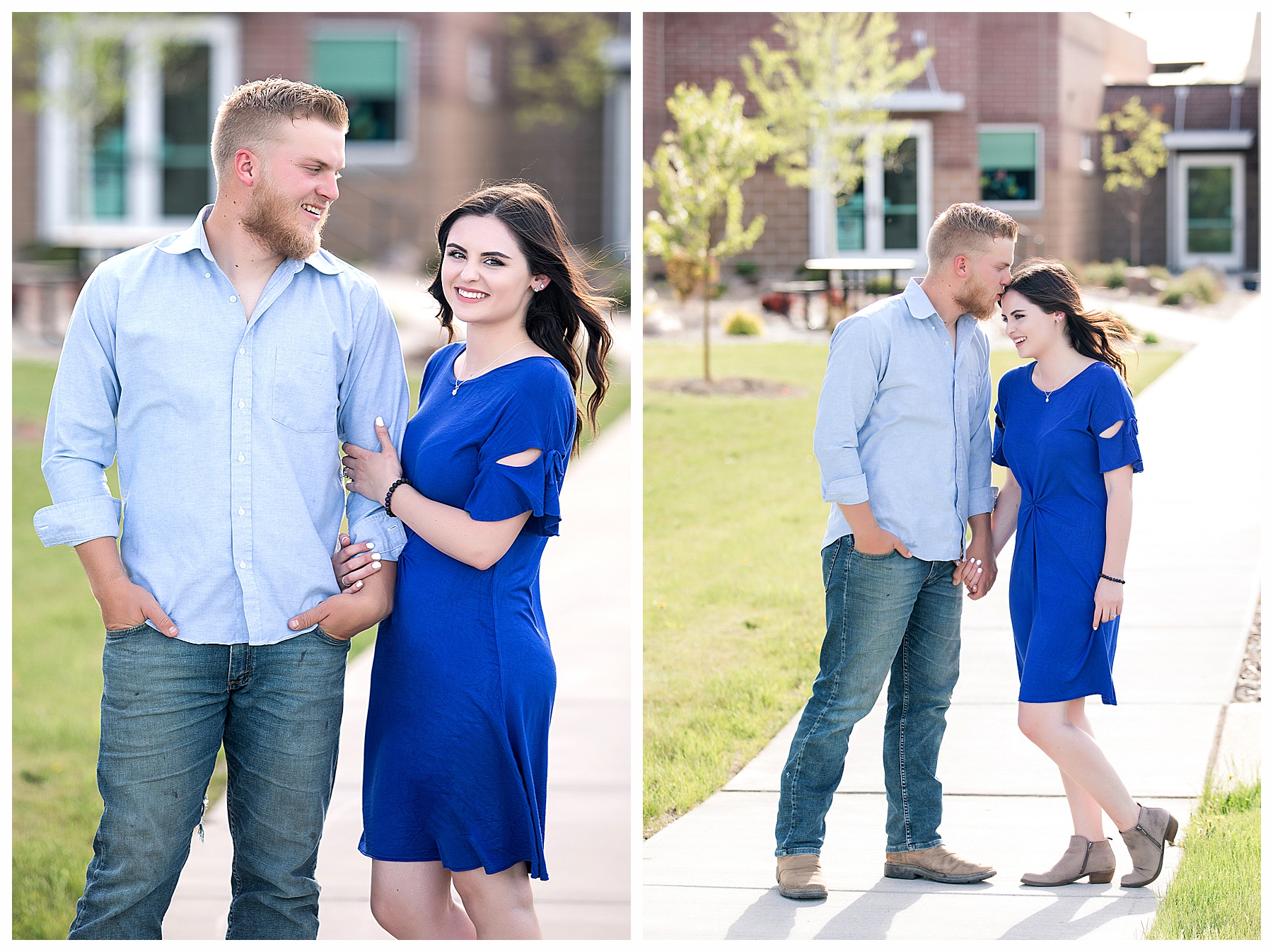 Cute couple takes pictures in front a brick building