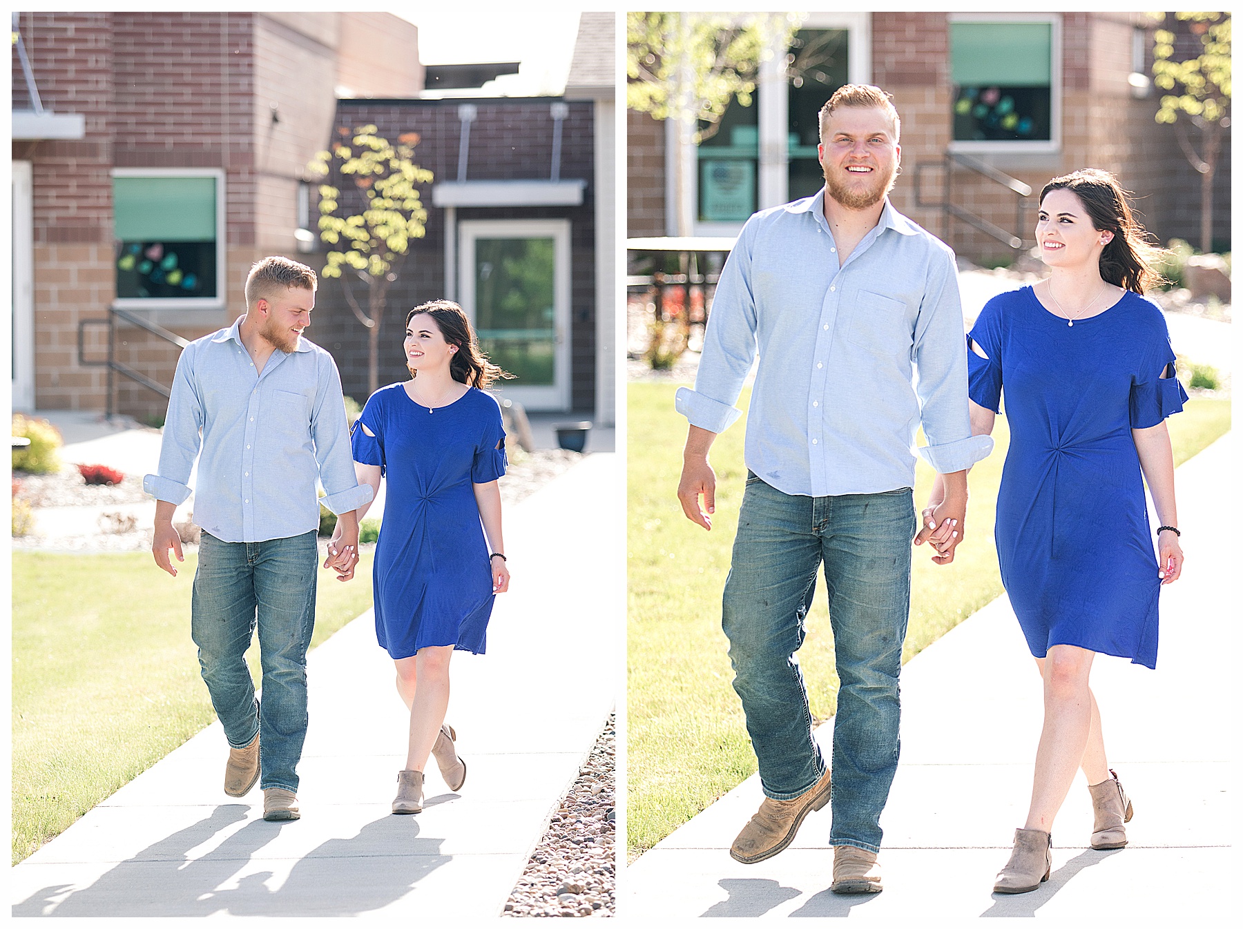 Engagement pictures of couple walking and holding hands
