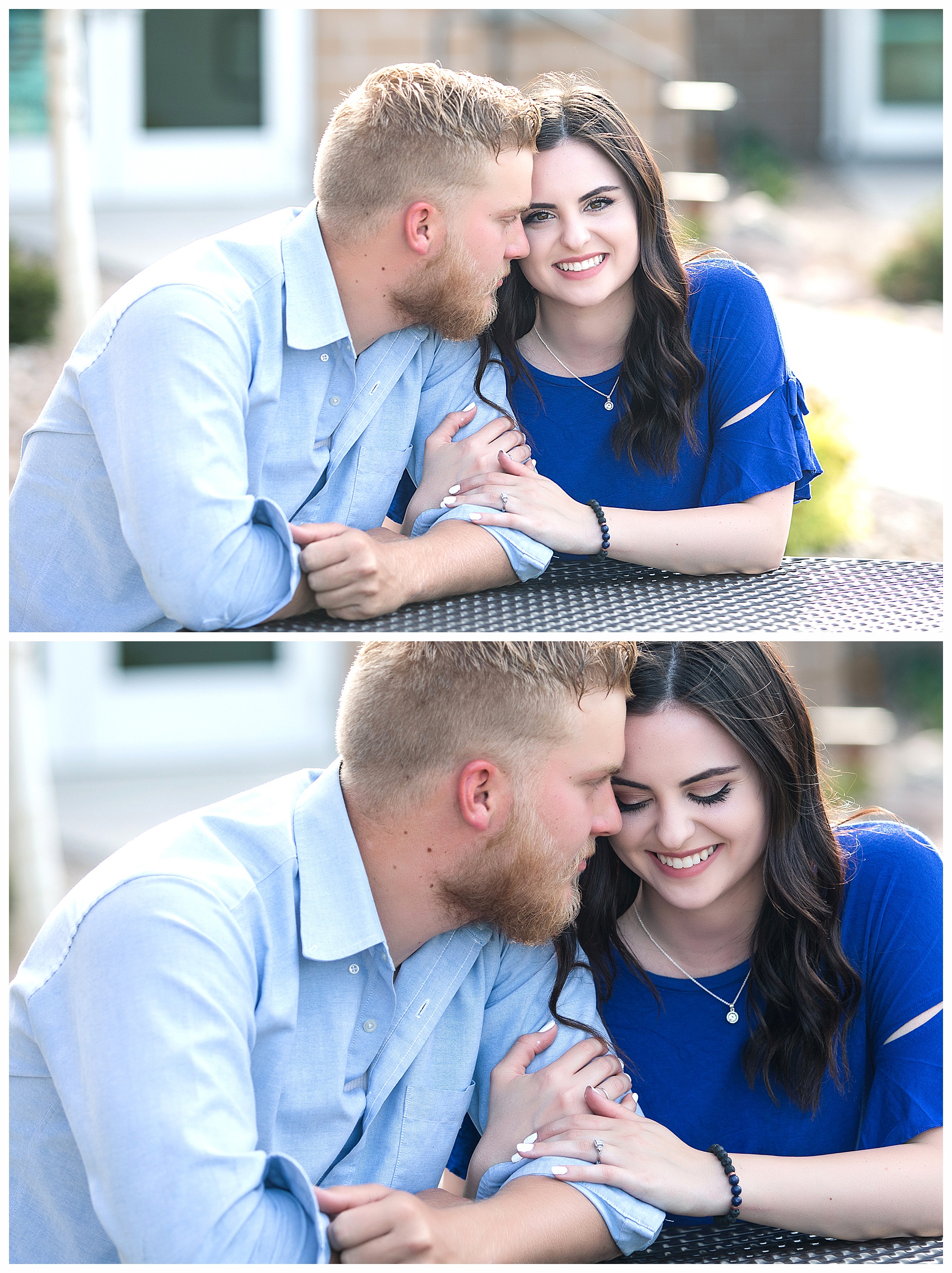 Engagement pictures cuddling at a table
